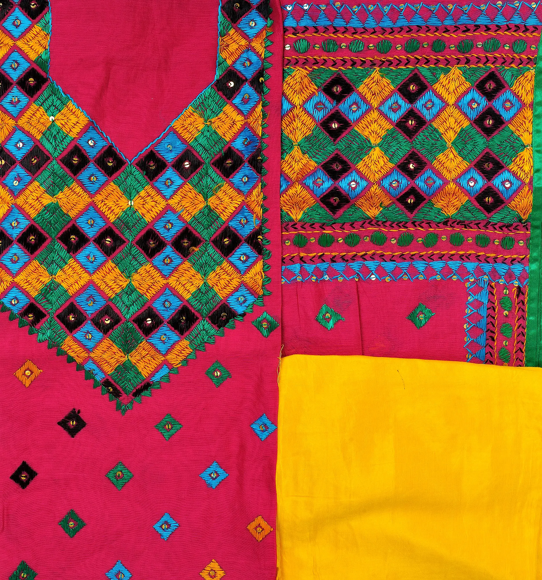 Fuchsia-Rose and Yellow Phulkari Hand-Embroidered Salwar Kameez Fabric from Punjab