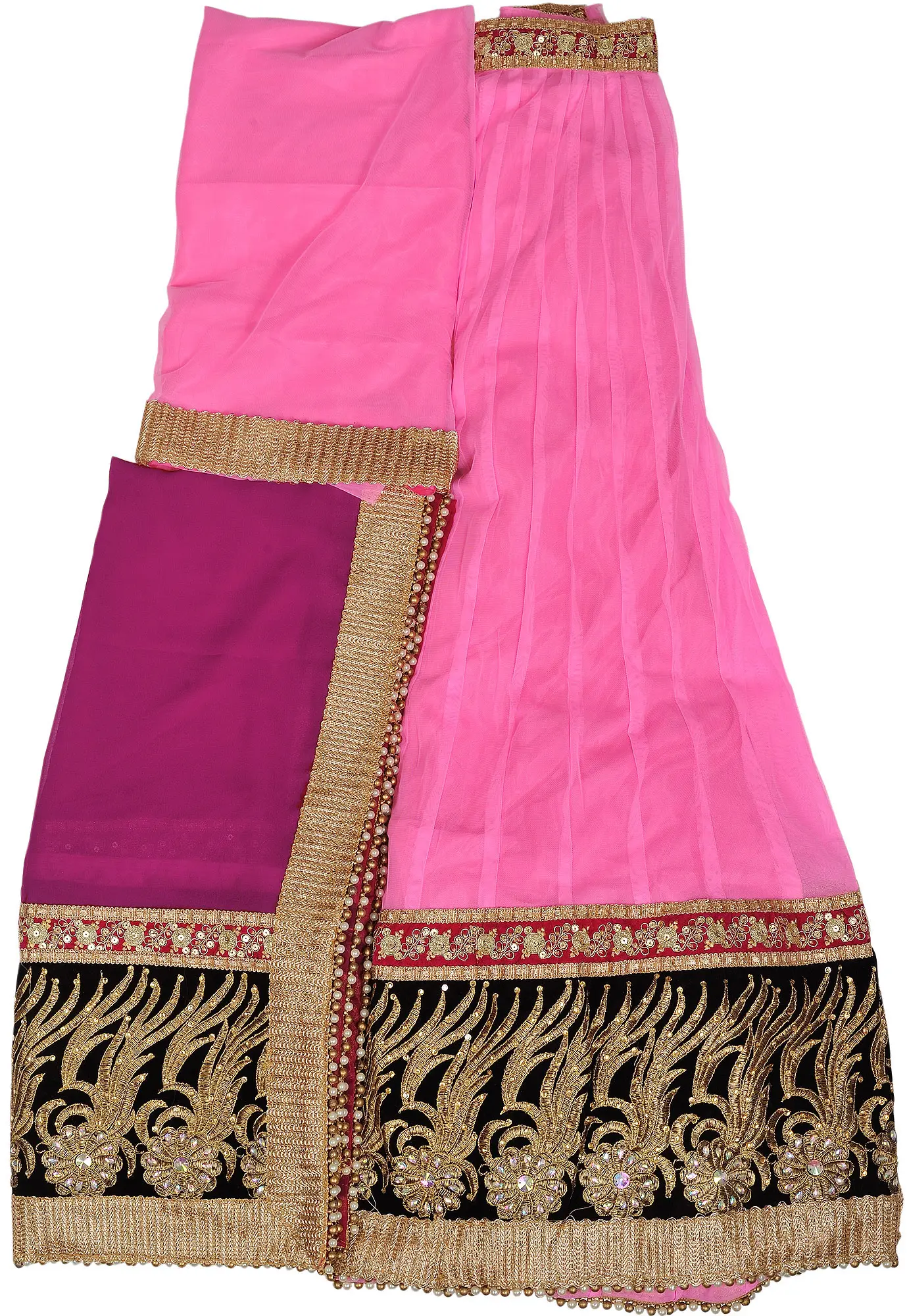 Light-Pink and Boysenberry Lehenga Choli Fabric with Embroidered Velvet Patch Border and Stone-Work