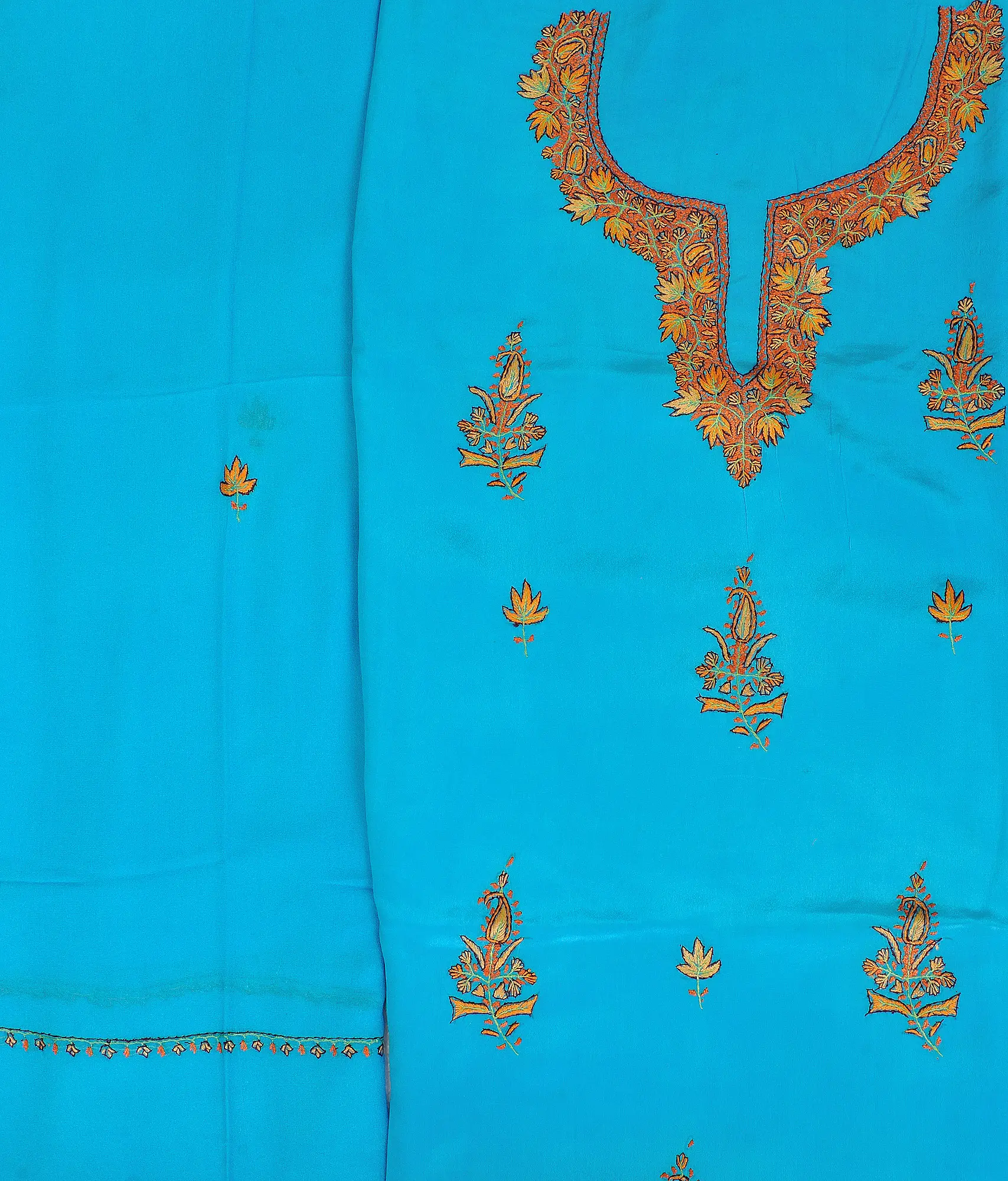 Blue-Atoll Salwar Kameez Fabric from Kashmir with Sozni Embroidery by Hand