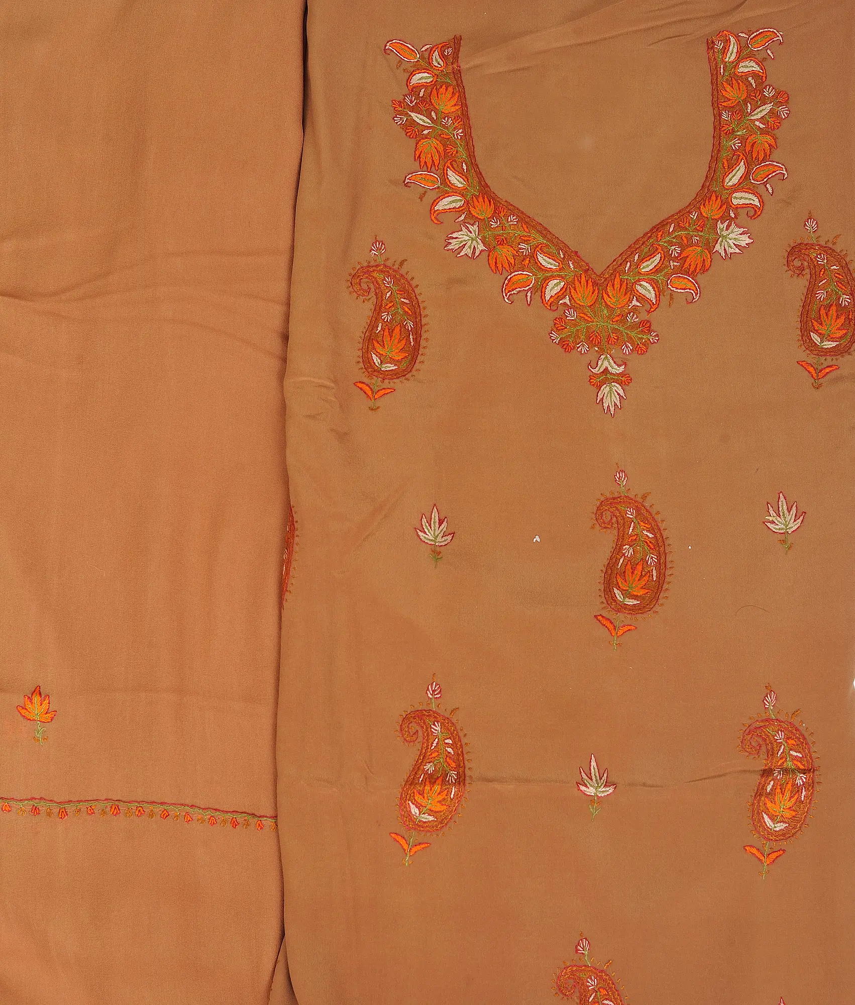 Bone-Brown Salwar Kameez Fabric from Kashmir with Sozni Hand-Embroidered Paisleys