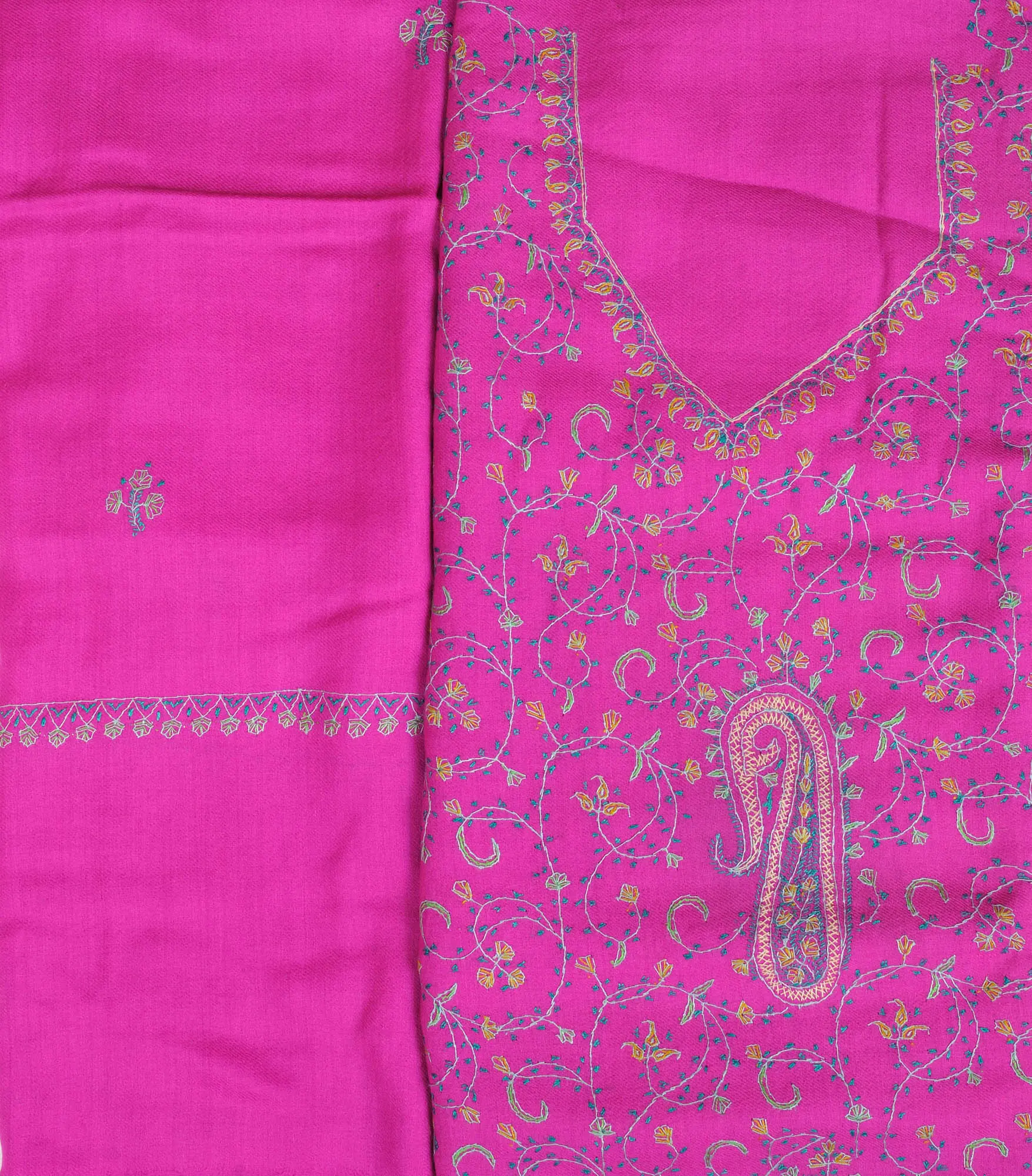 Raspberry-Rose Sozni Hand-Embroidered Tusha Salwar Kameez Fabric from Kashmir