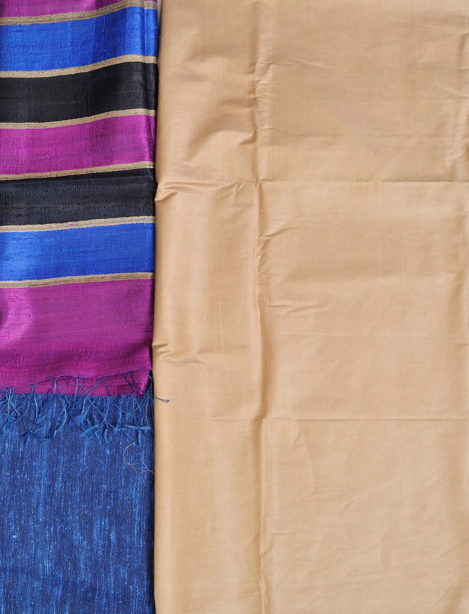Frosted-Almond and Blue Plain Salwar Kameez Fabric with Striped Dupatta