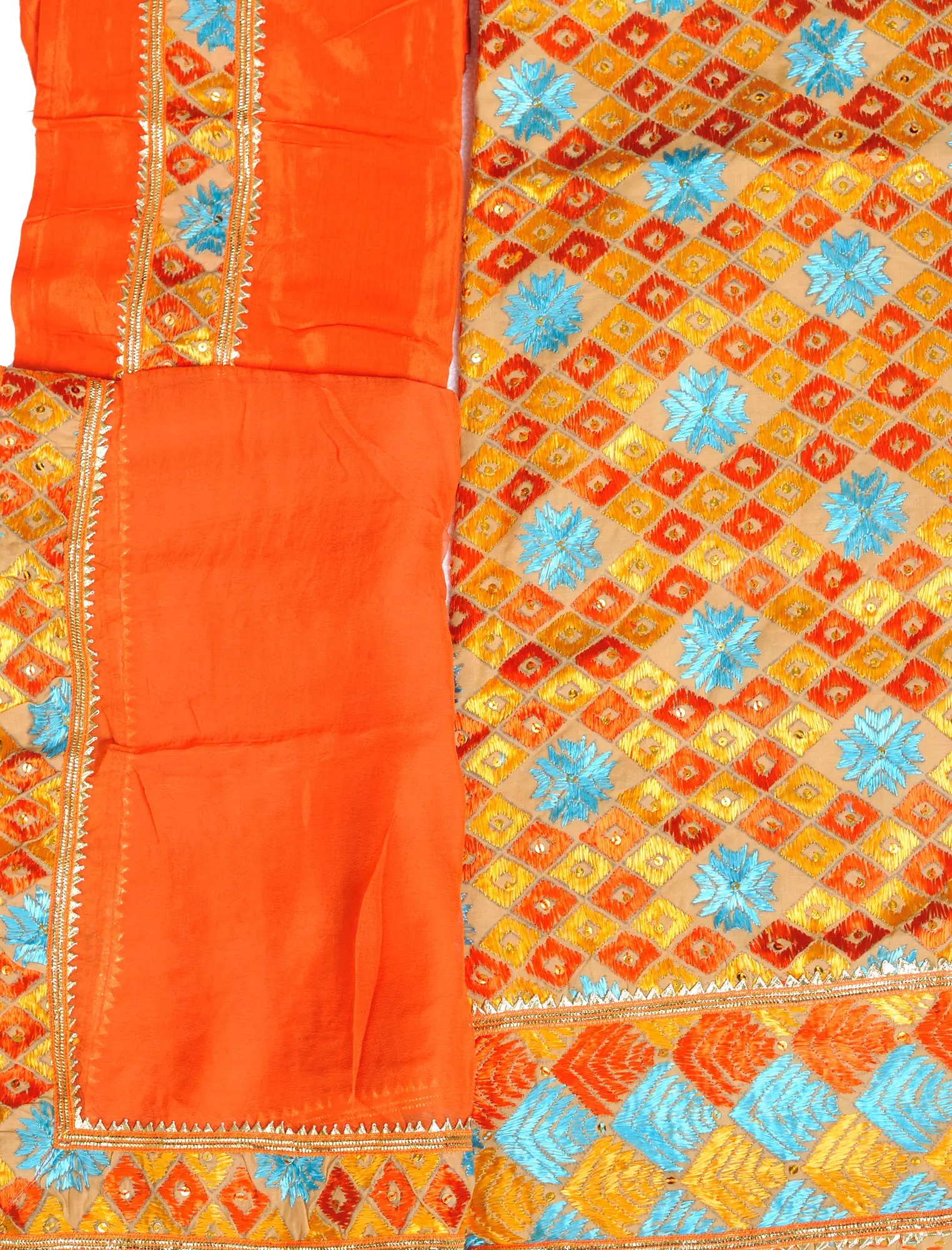 Beige and Orange Phulkari-Embroidered Salwar Kameez Fabric from Punjab with Sequins