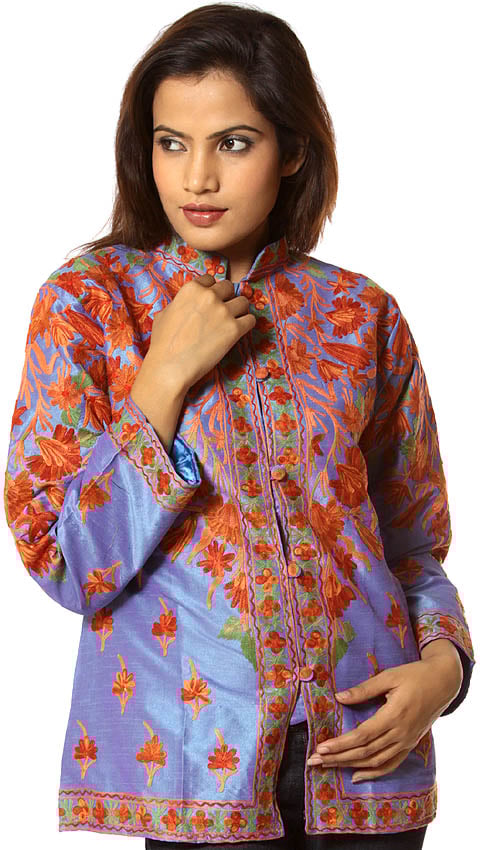 Steel-Blue Jacket from Kashmir with Rust Flowers | Exotic India Art