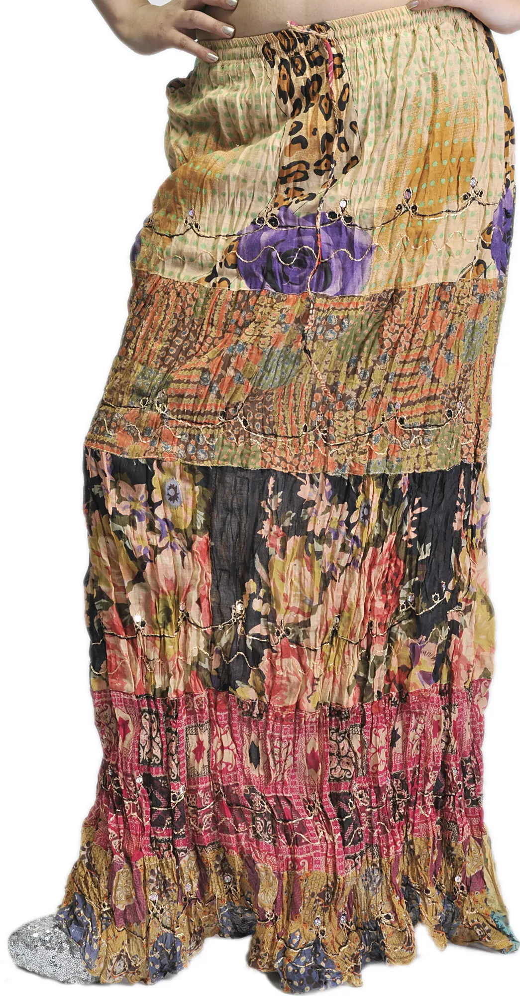 Multi-Color Crushed Elastic Skirt with Printed Flowers