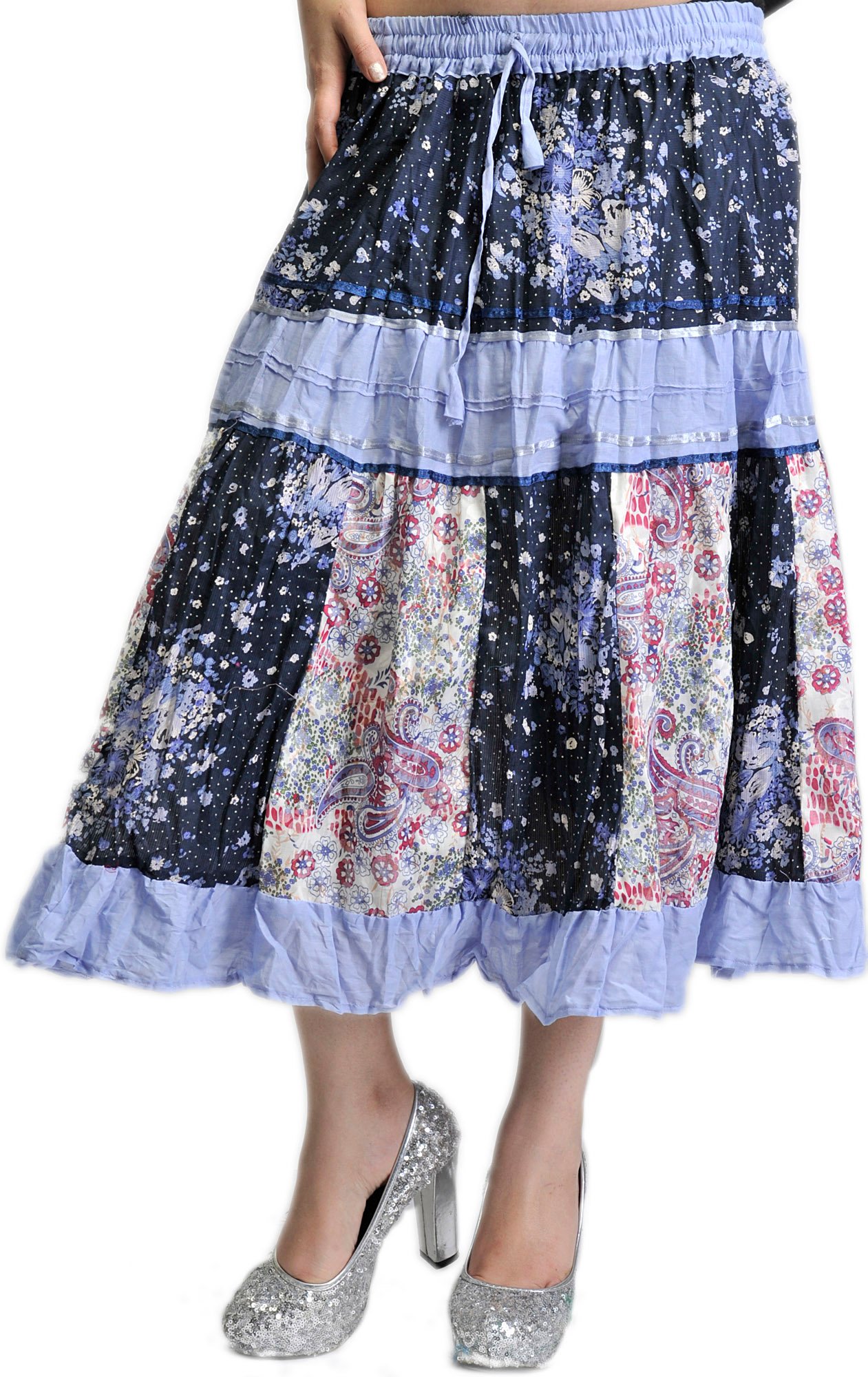 Steel-Blue and Black Midi-Skirt with Printed Paisleys and Patchwork ...