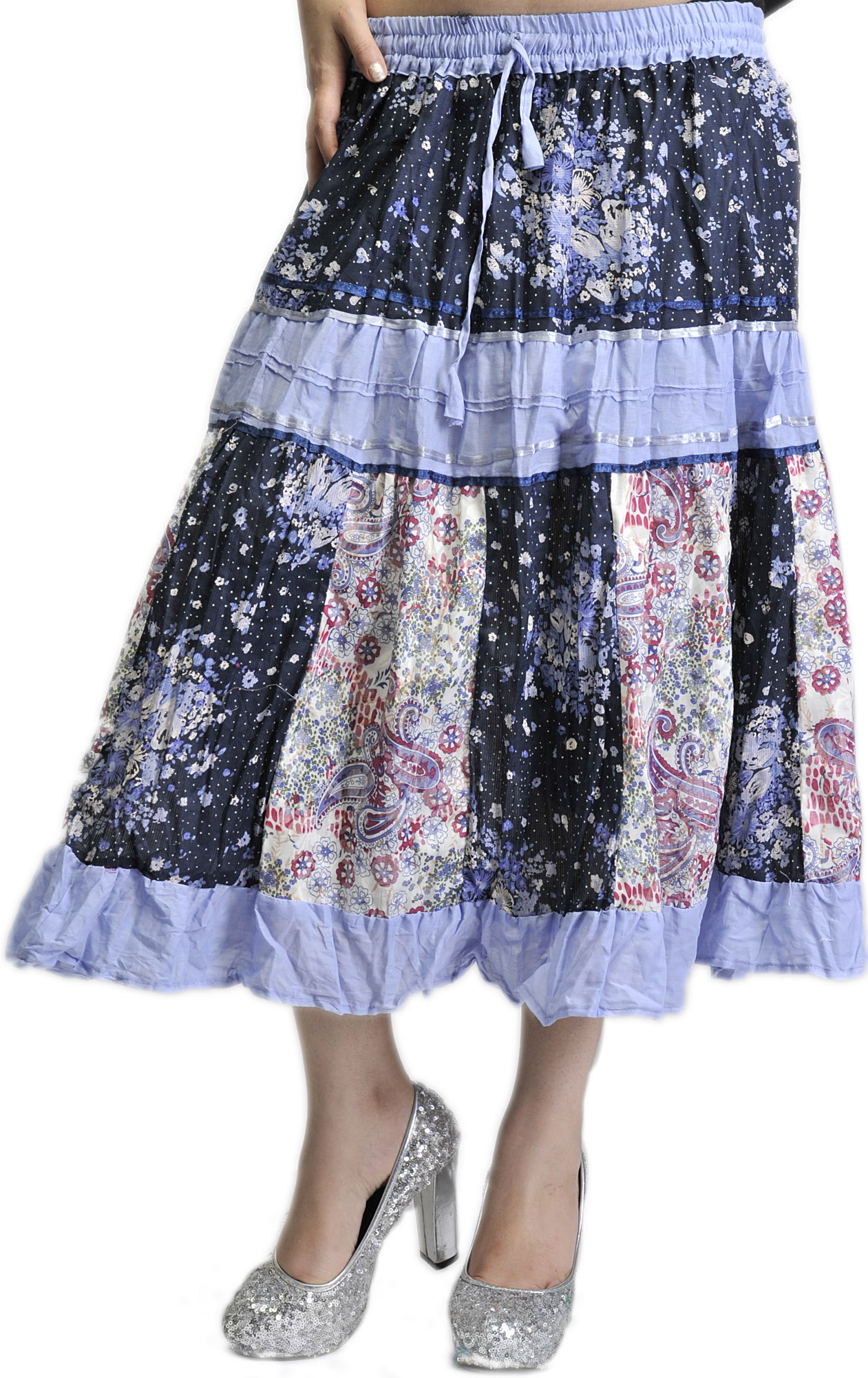 Steel-Blue and Black Midi-Skirt with Printed Paisleys and Patchwork ...