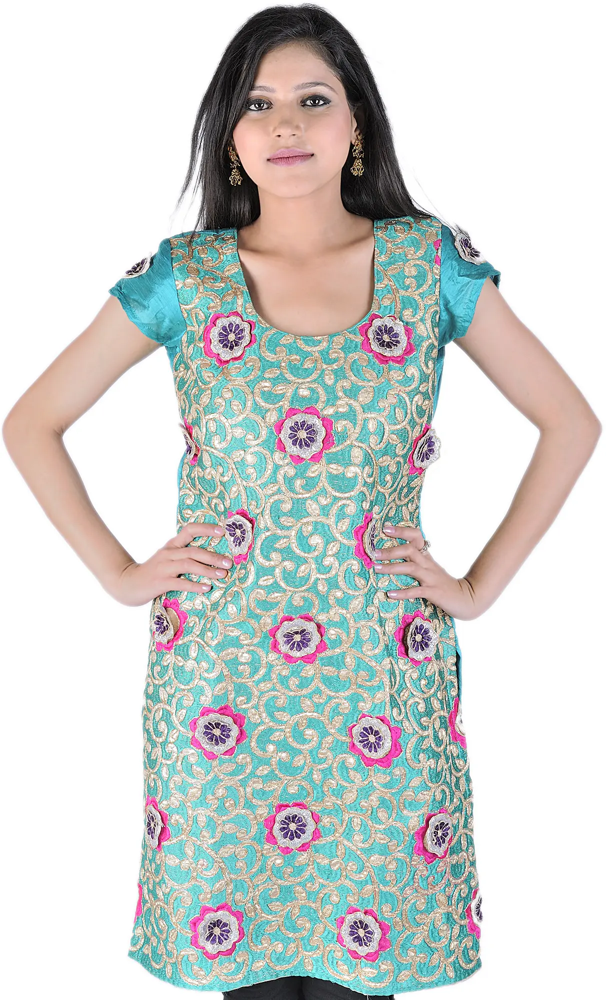 Ceramic-Green Applique Kurti from Surat with Metallic Thread Embroidered Flowers