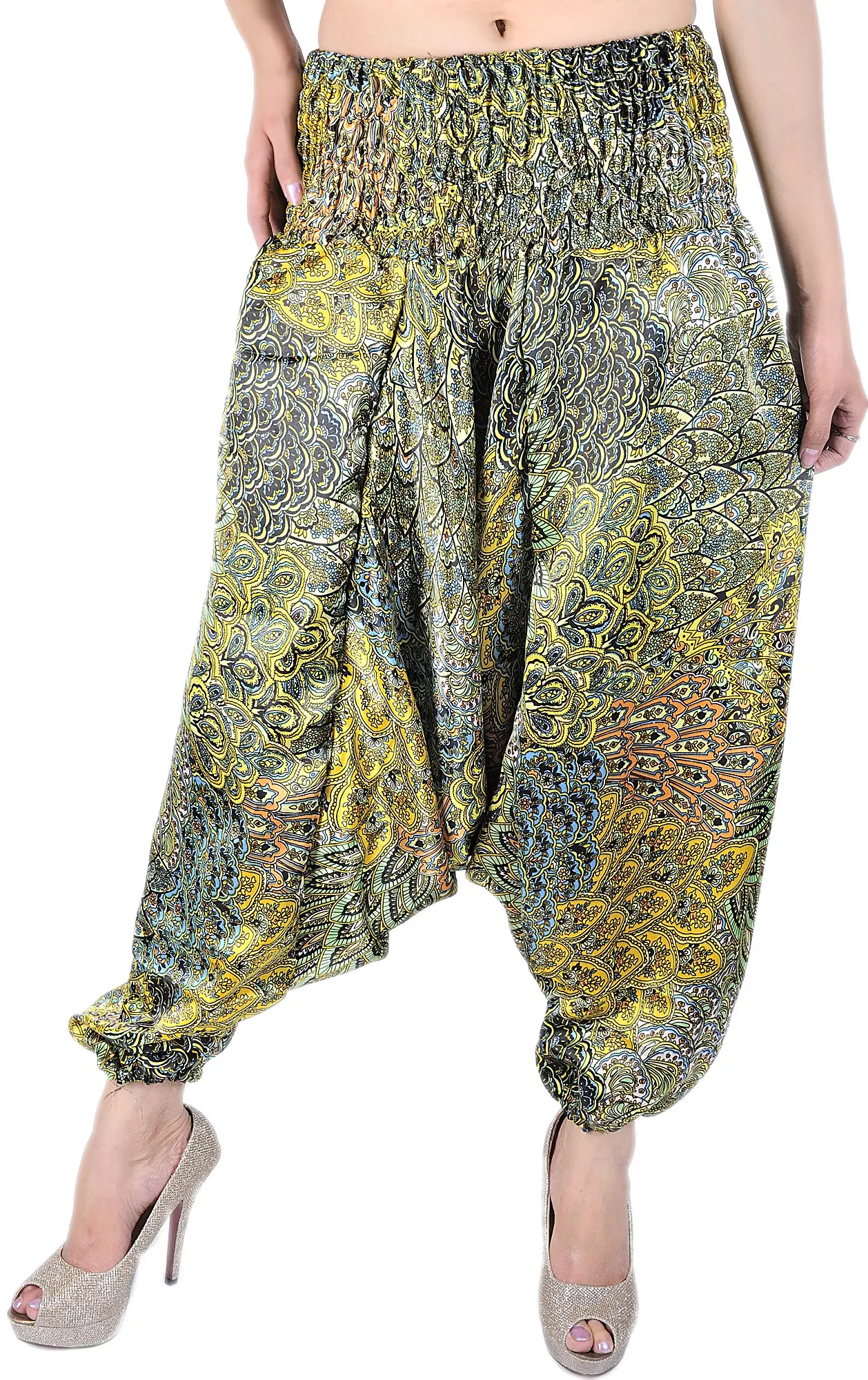 Primrose-Yellow and Green Printed Harem Trousers
