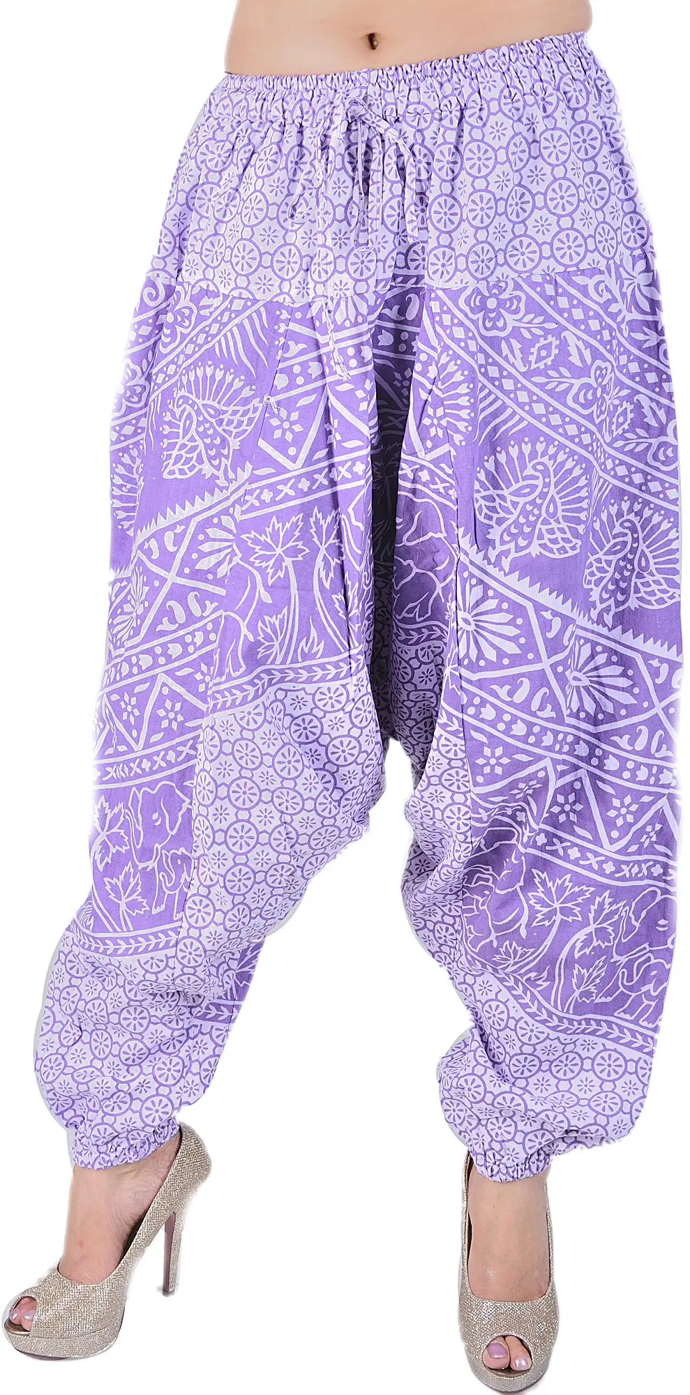 Hyacinth-Purple Harem Trousers from Pilkhuwa with Printed Peacocks and Palm Trees