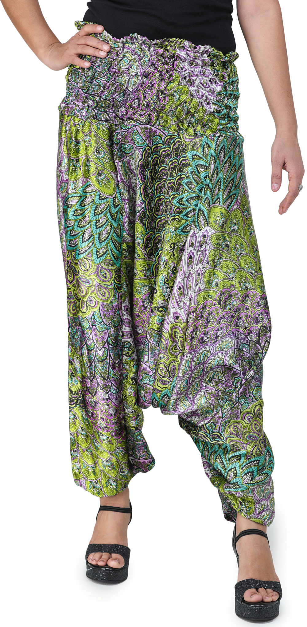 Exotic India Printed Satin Harem Trousers - Color Purple Green at Amazon  Women's Clothing store