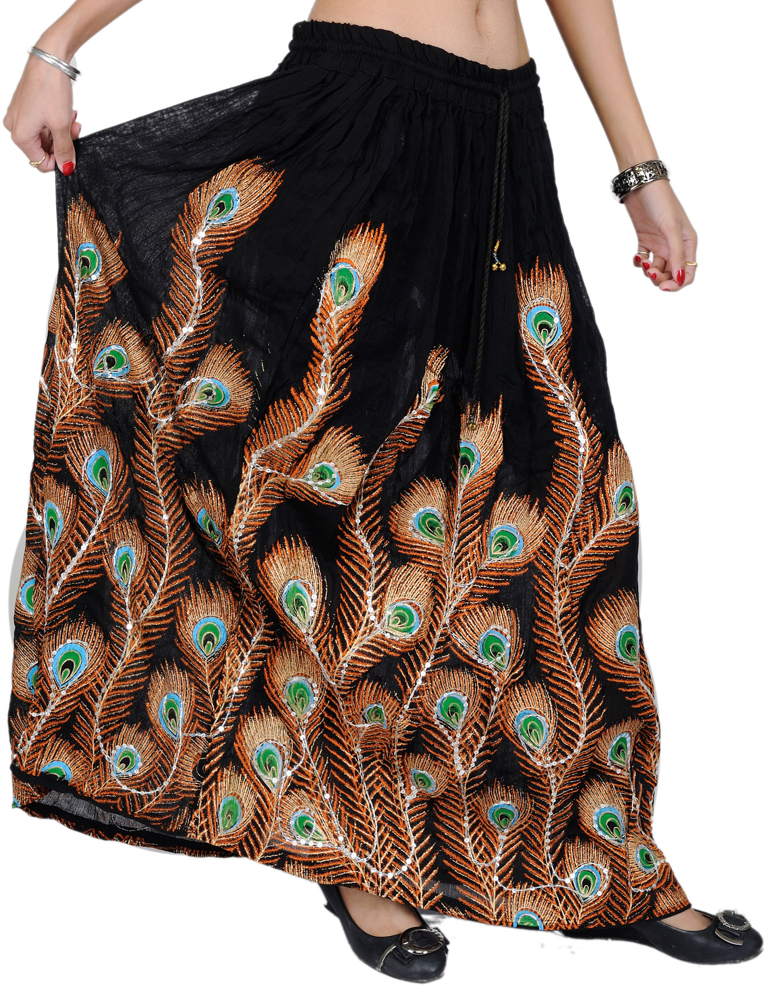 Long Skirt with Printed Peacock Feather and Embroidered Sequins