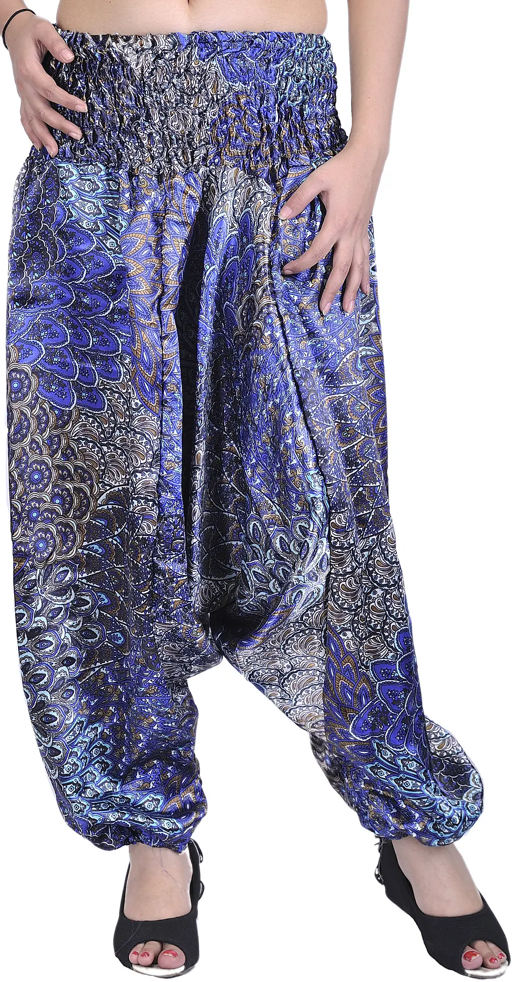 Harem Satin Trousers with Printed Paisleys and Flowers