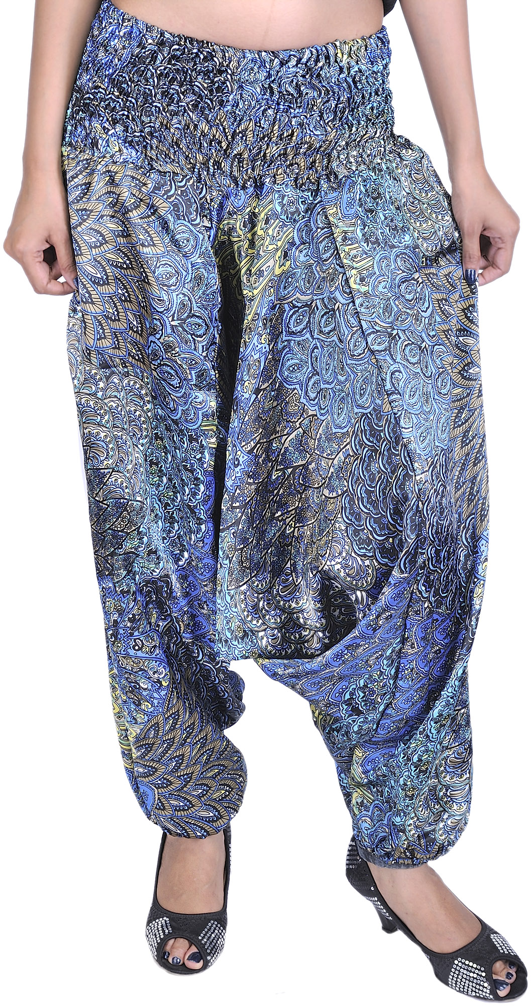Harem Satin Trousers with Printed Paisleys and Flowers