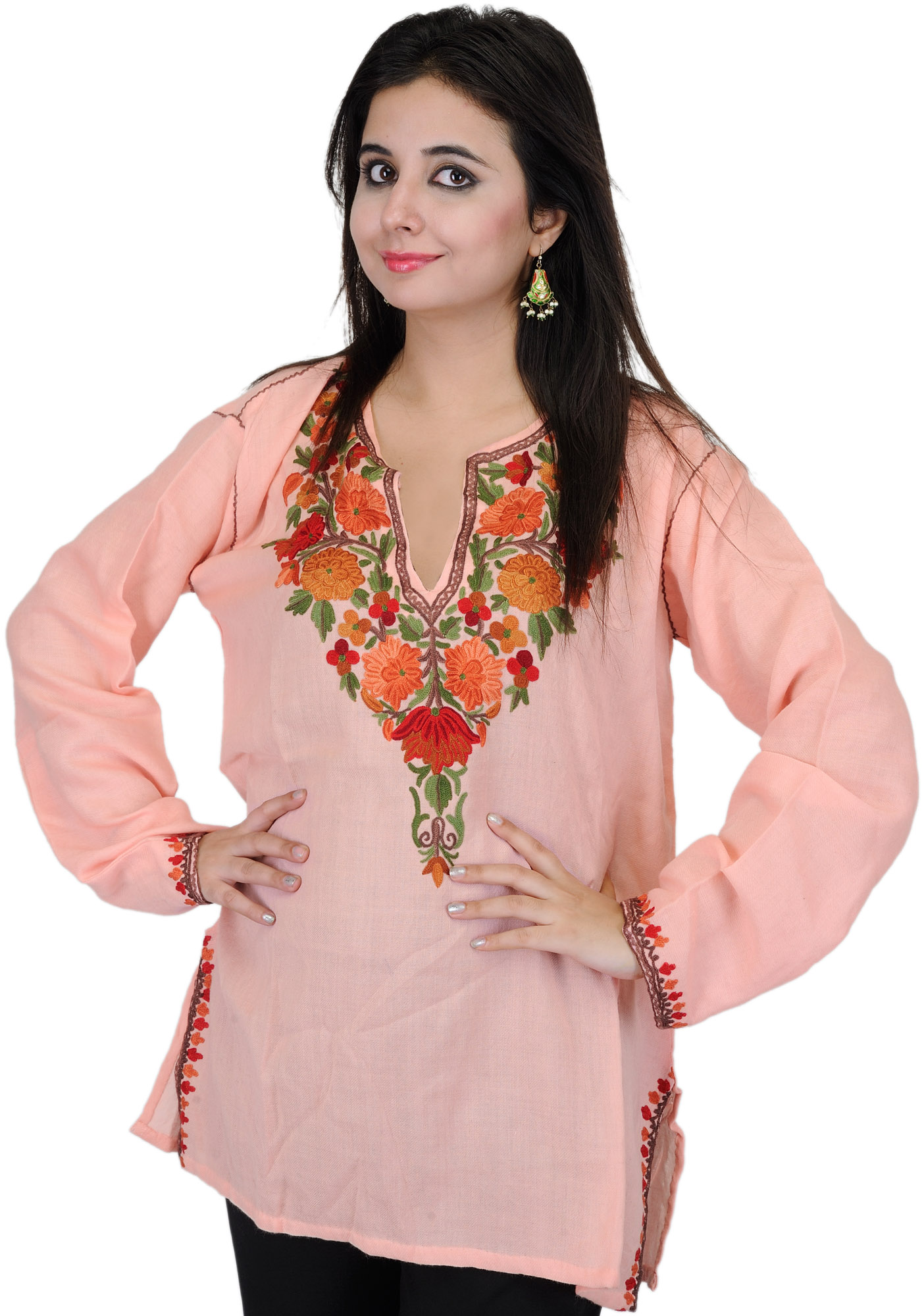 Kashmiri Kurti with Hand Embroidered Flowers on Neck | Exotic India Art