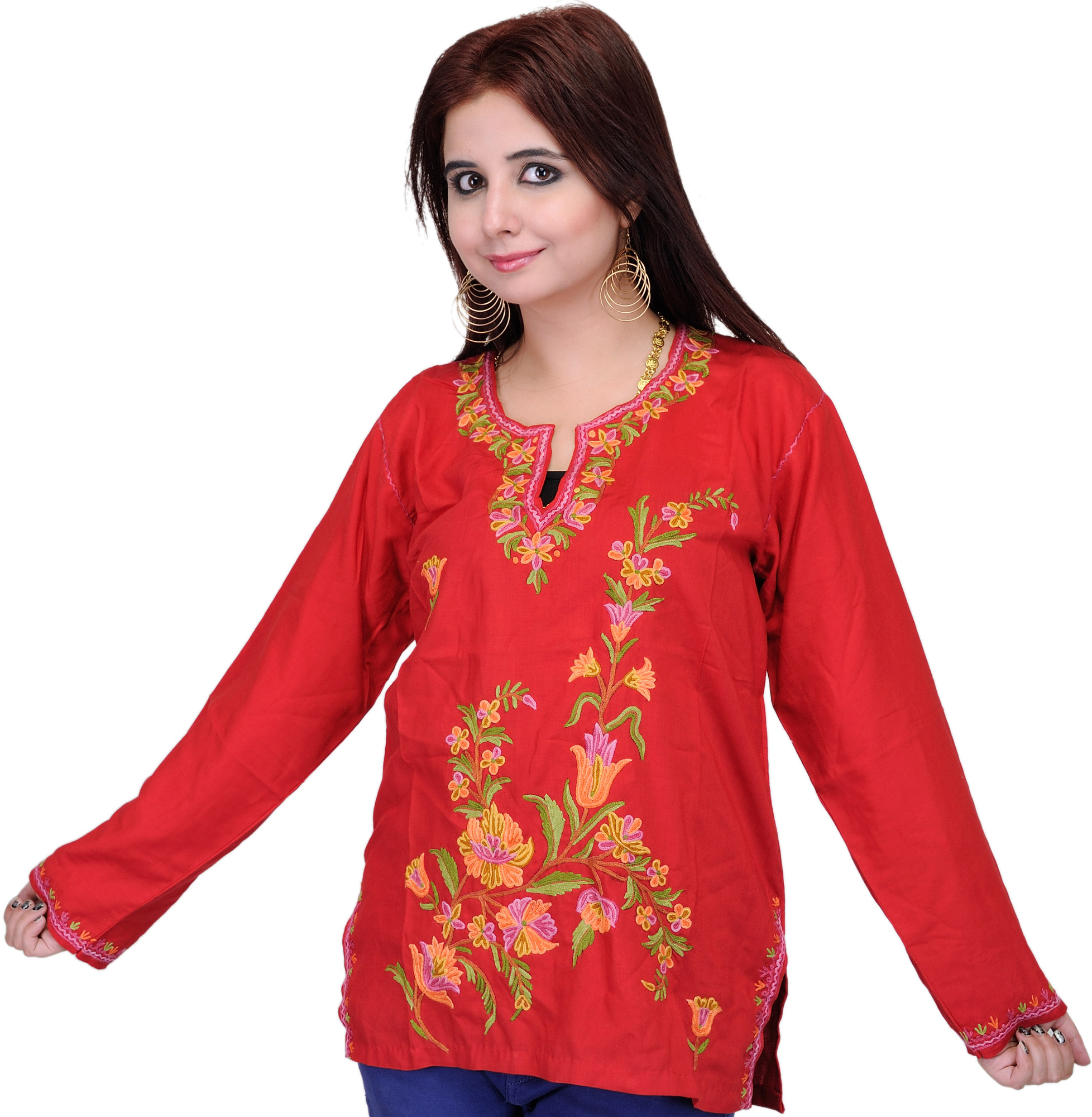 Tomato-Red Kashmiri Kurti with Hand Embroidered Flowers | Exotic India Art