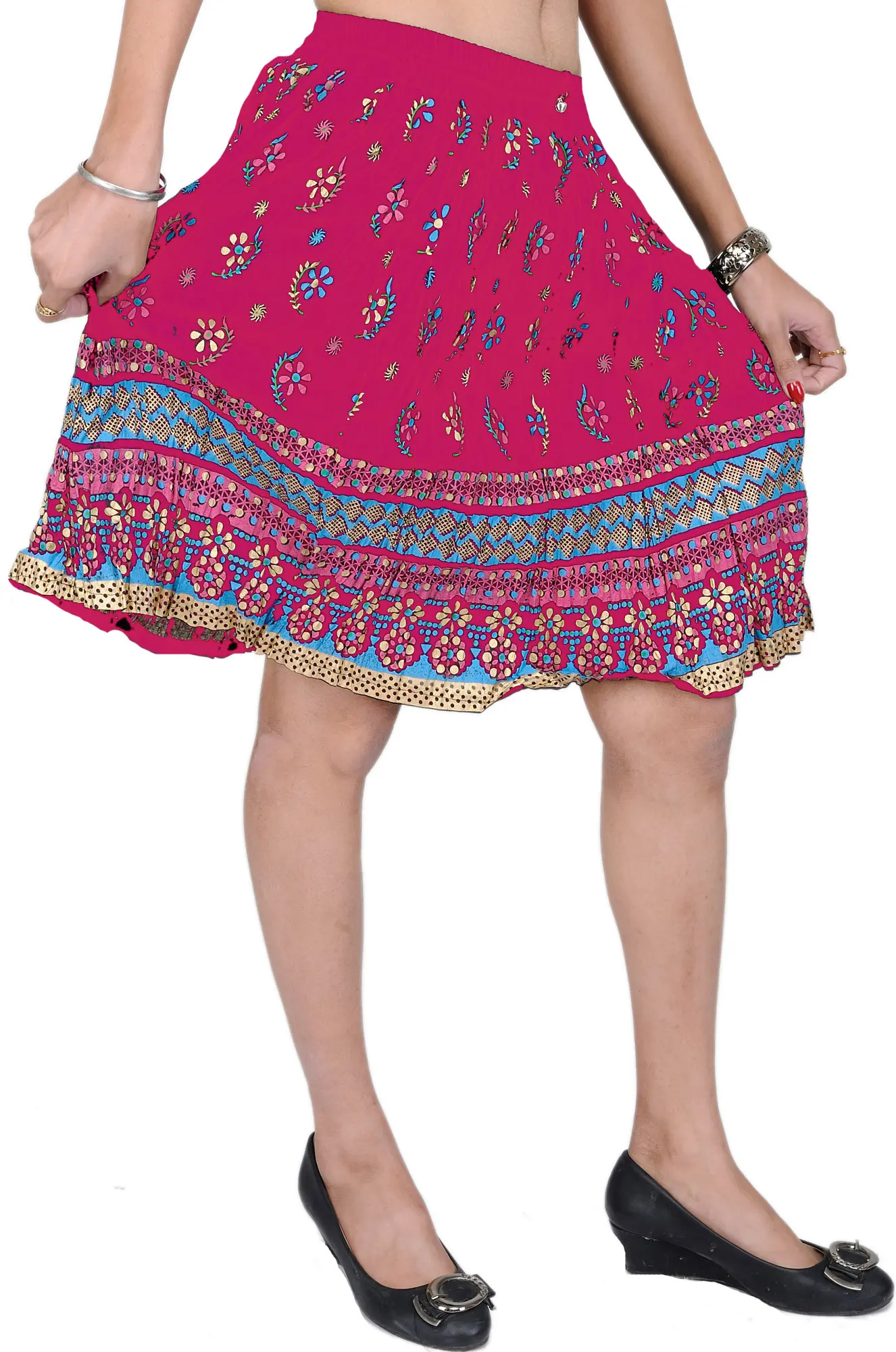 Midi-Skirt with Printed Flowers and Golden Painted Border