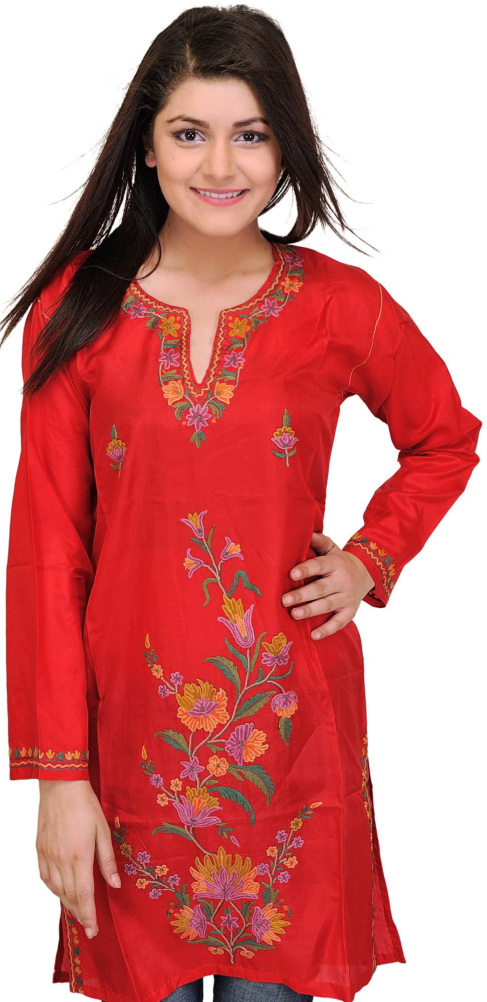 Long Kashmiri Kurti with Ari Embroidered Flowers by Hand