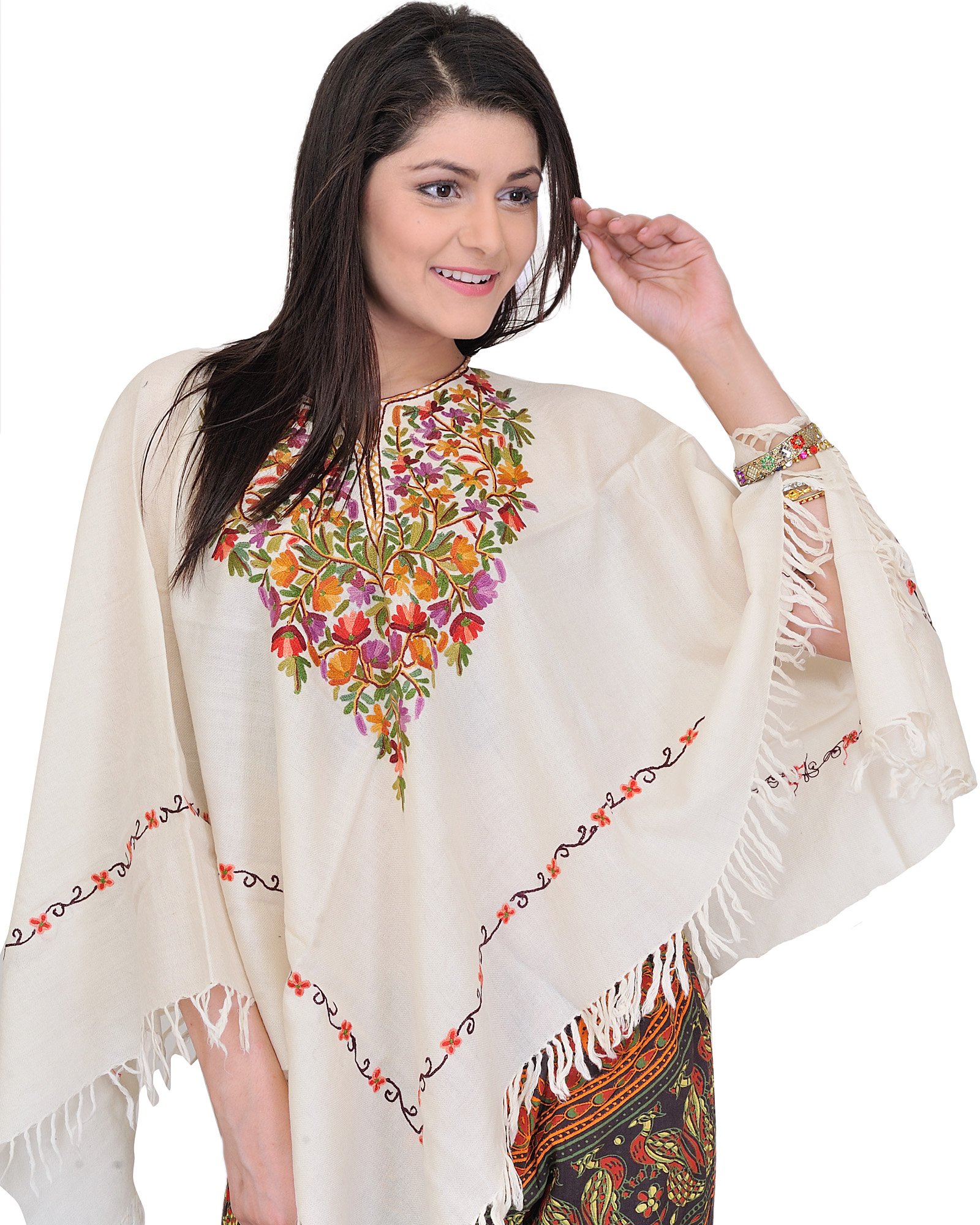 Floral Kashmiri Poncho with Aari Embroidery by Hand | Exotic India Art