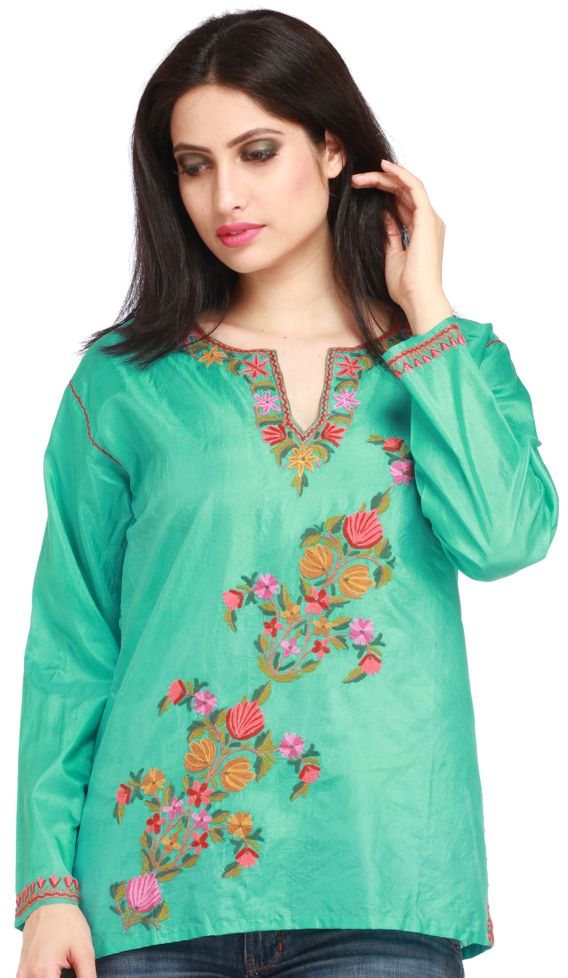 Turquoise Kashmiri Kurti with Embroidered Flowers by Hand | Exotic ...