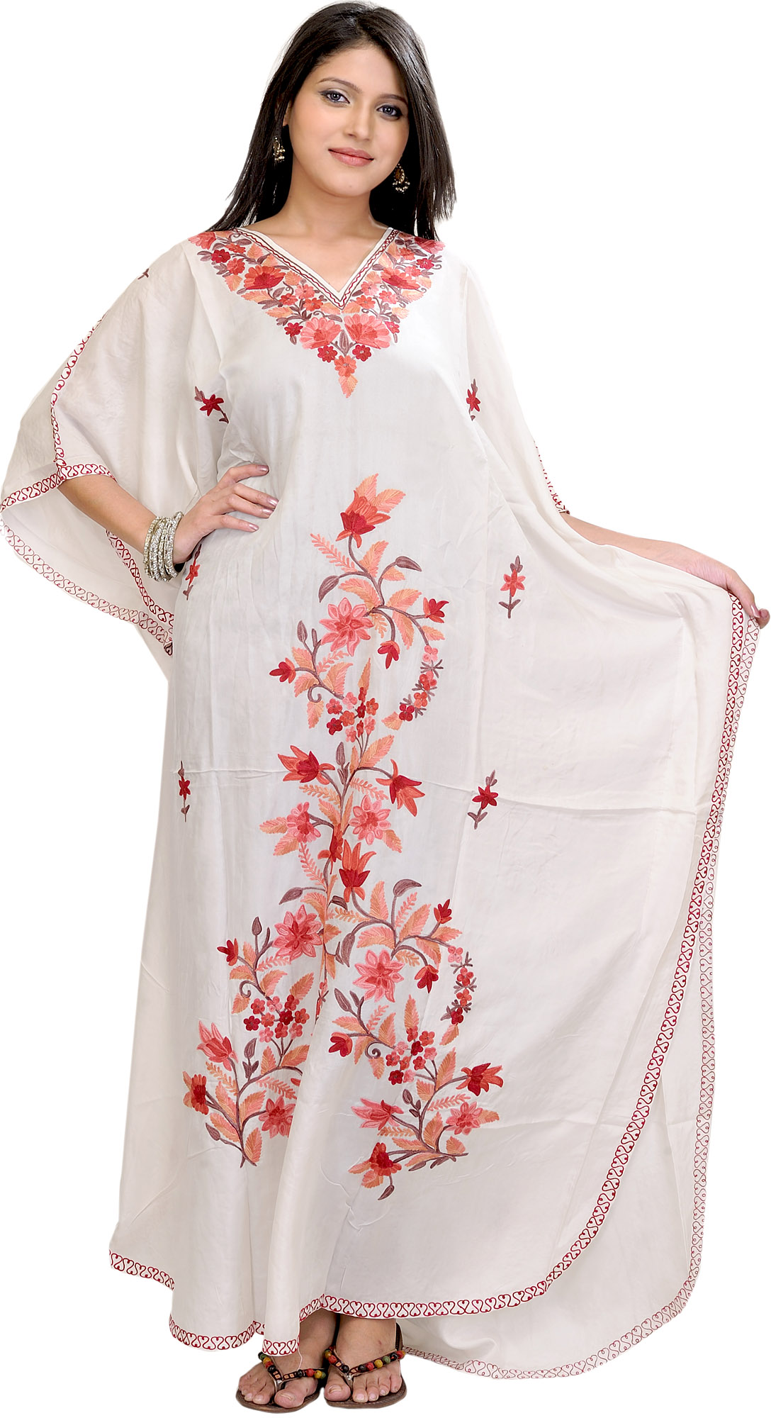 Bright-White Kashmiri Kaftan with Aari Embroidered Flowers | Exotic ...