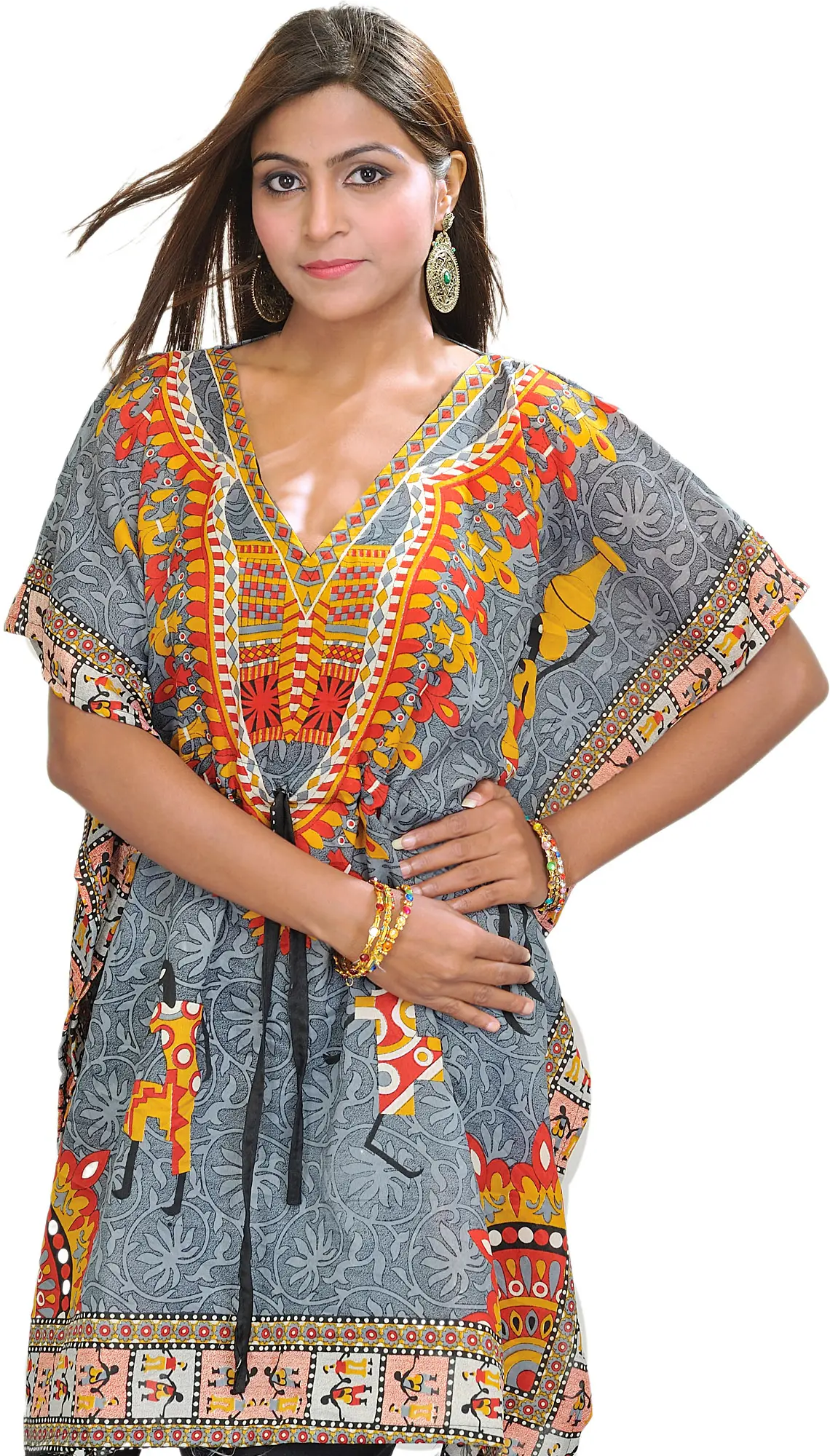 Printed Short Kaftan with Dori at Waist