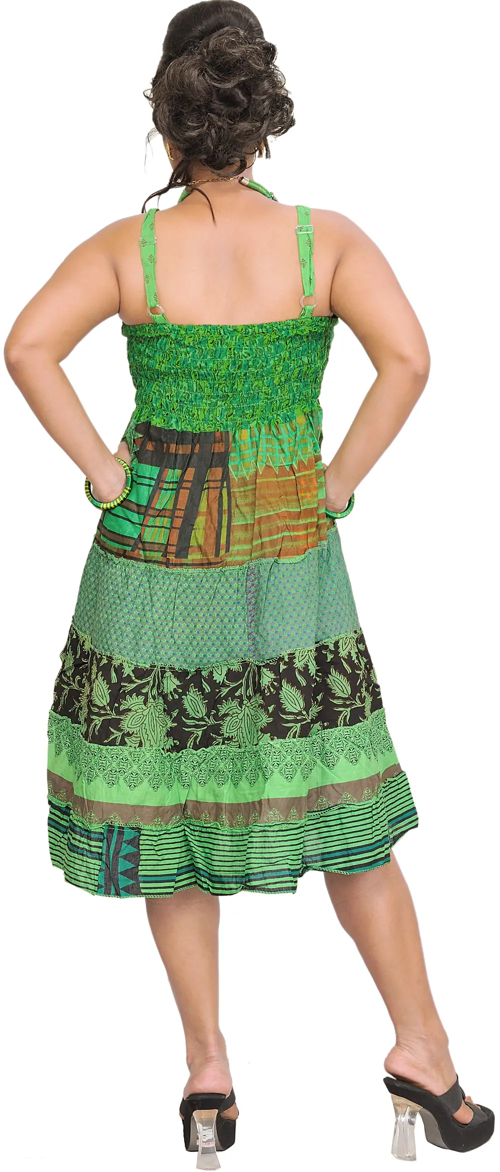 Bud-Green Printed Barbie Dress with Patchwork, alternate view