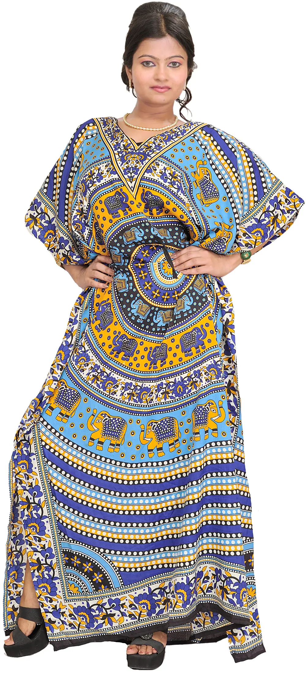 Kaftan with Printed Elephants and Dori at Waist