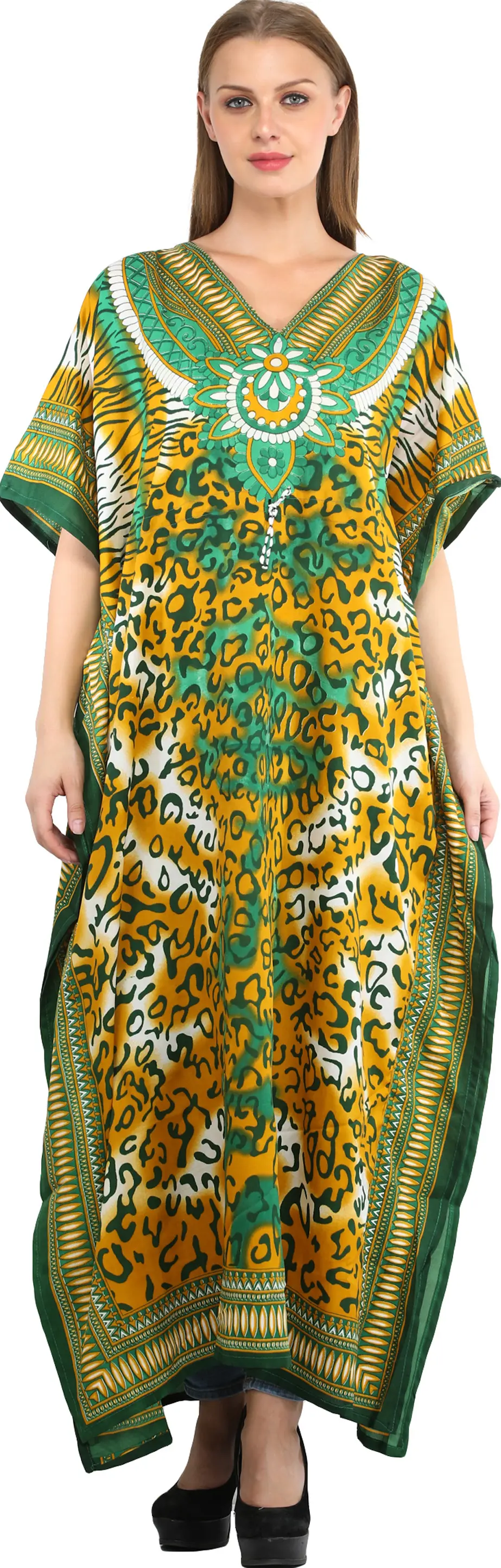 Long Kaftan with Printed Tiger-stripes and Dori at Waist