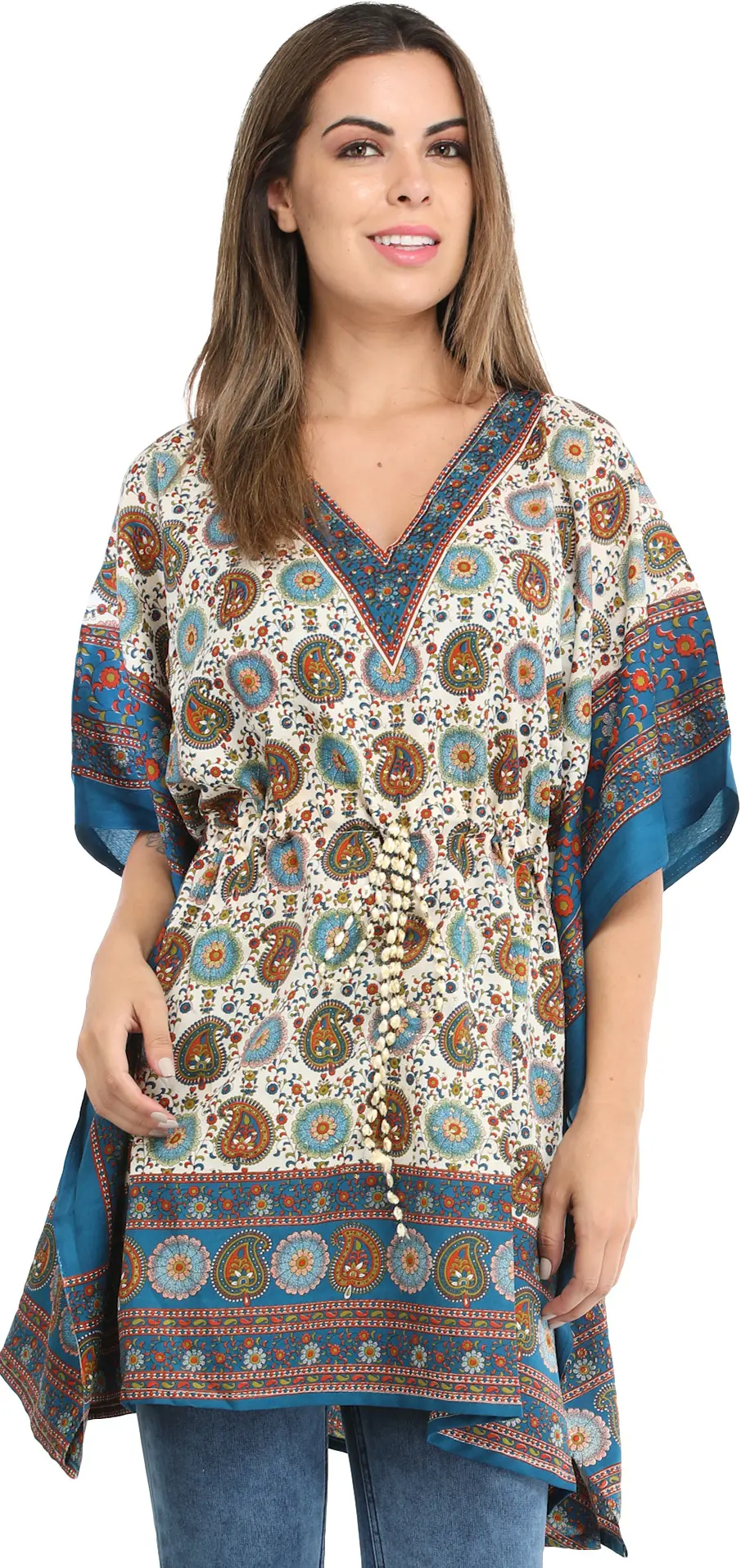 Short Kaftan with Printed Paisleys and Dori at the Waist