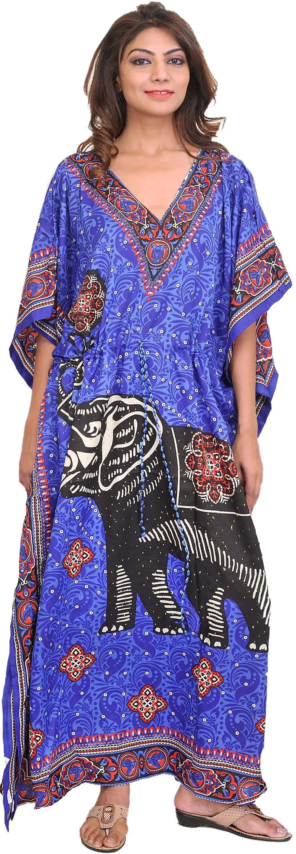 Kaftan with Printed Elephant and Dori at Waist