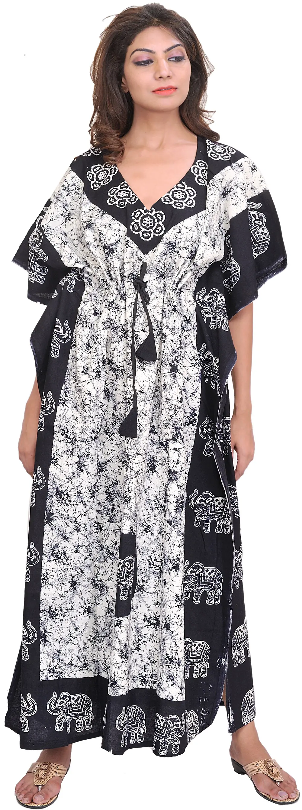 Black and White Batik-Dyed Kaftan with Printed Elephants