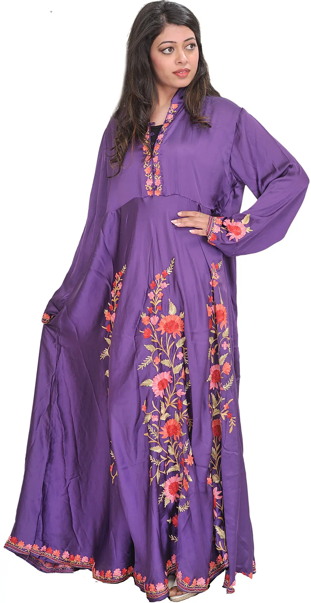 Royal-Purple Long Gown from Kashmir with Aari-Embroidered Flowers