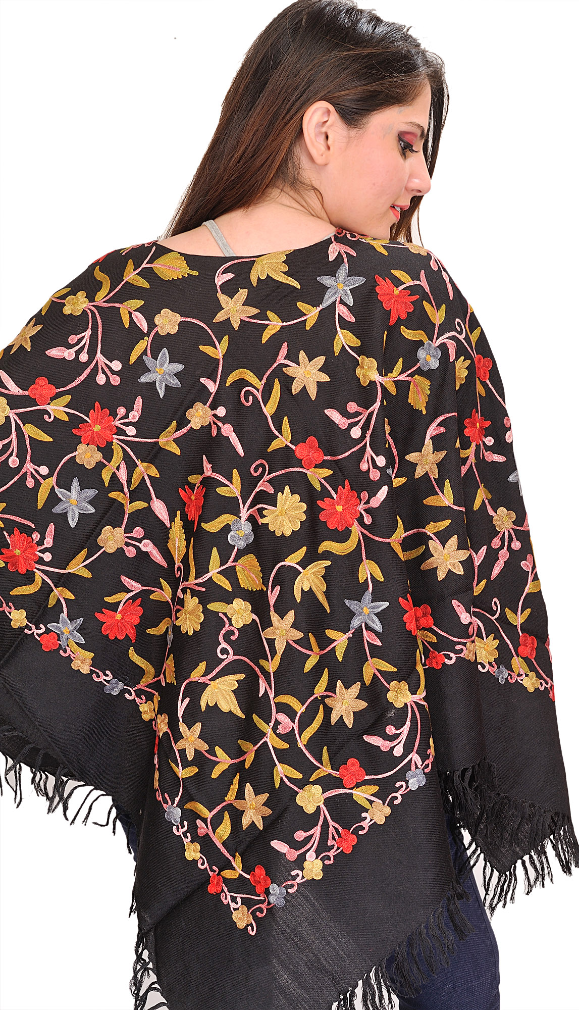 Poncho from Kashmir with Ari-Embroidered Flowers All-Over