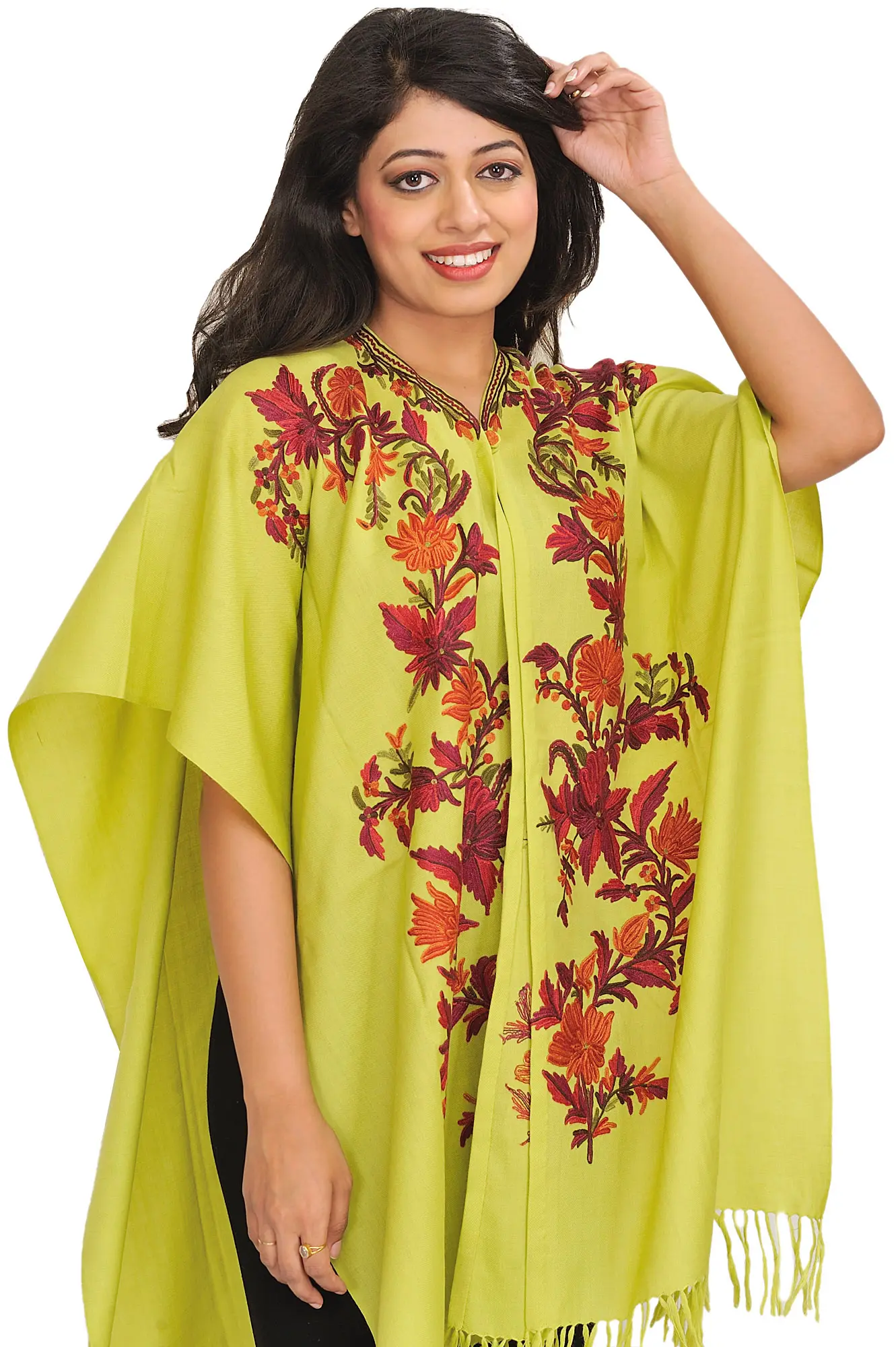 Daiquiri-Green Cape from Kashmir with Aari Hand-Embroidered Flowers