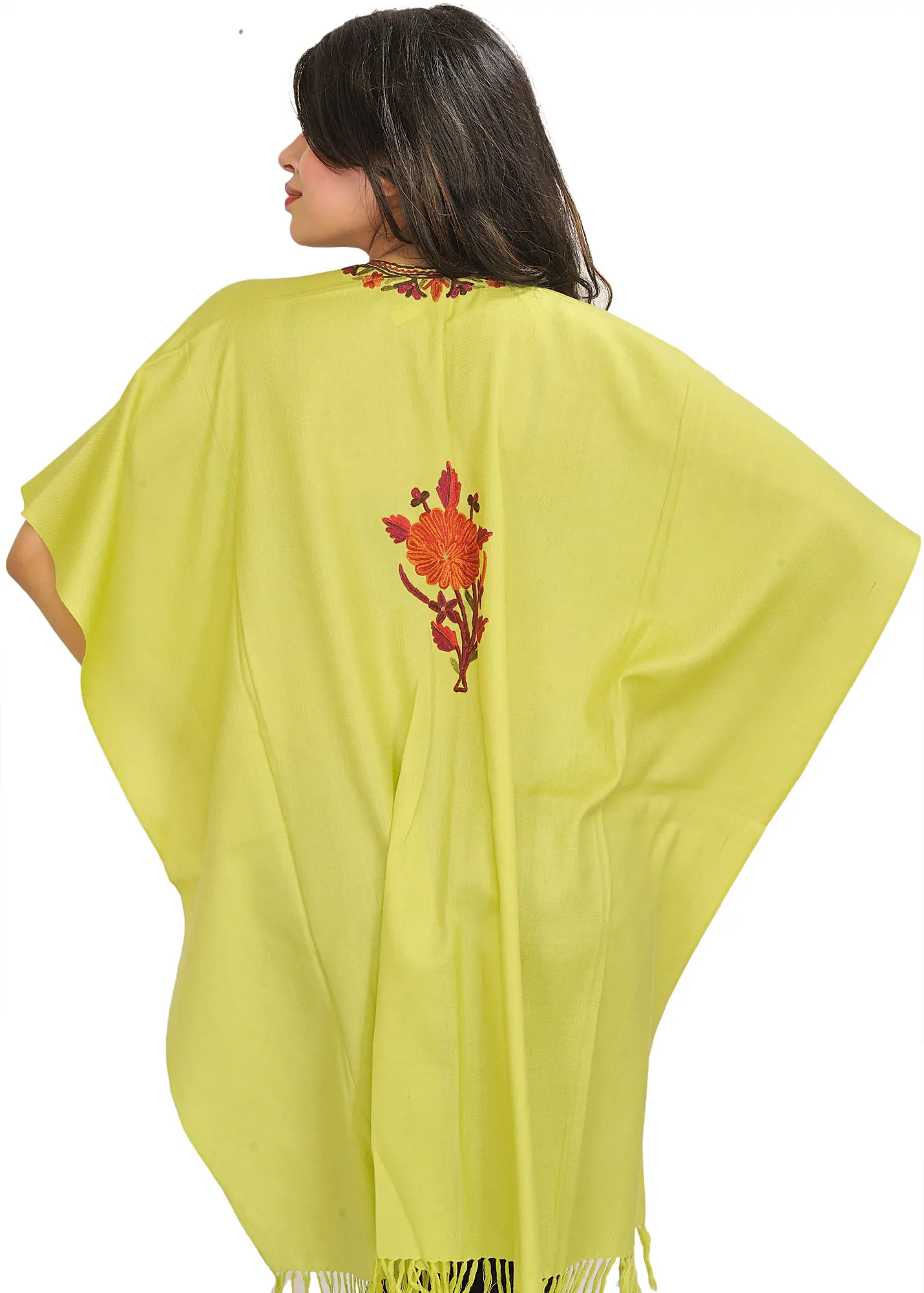 Daiquiri-Green Cape from Kashmir with Aari Hand-Embroidered Flowers, alternate view