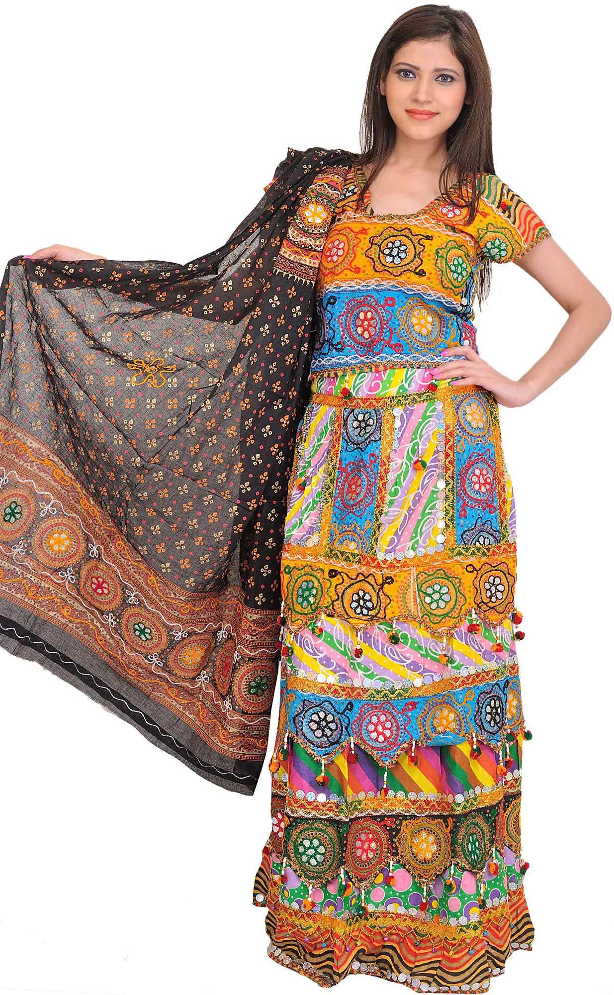 Multicolor Printed Lehenga Choli from Kutch with Large Sequins and Ghungaroos