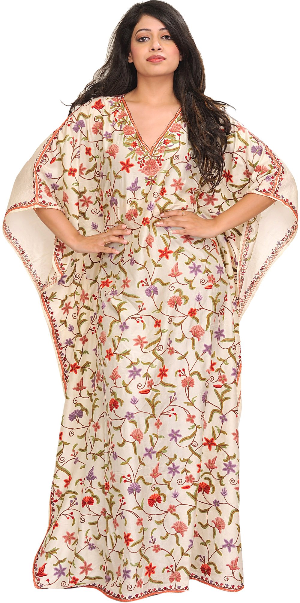 Cream Floral Hand-Embroidered Kaftan from Kashmir | Exotic India Art
