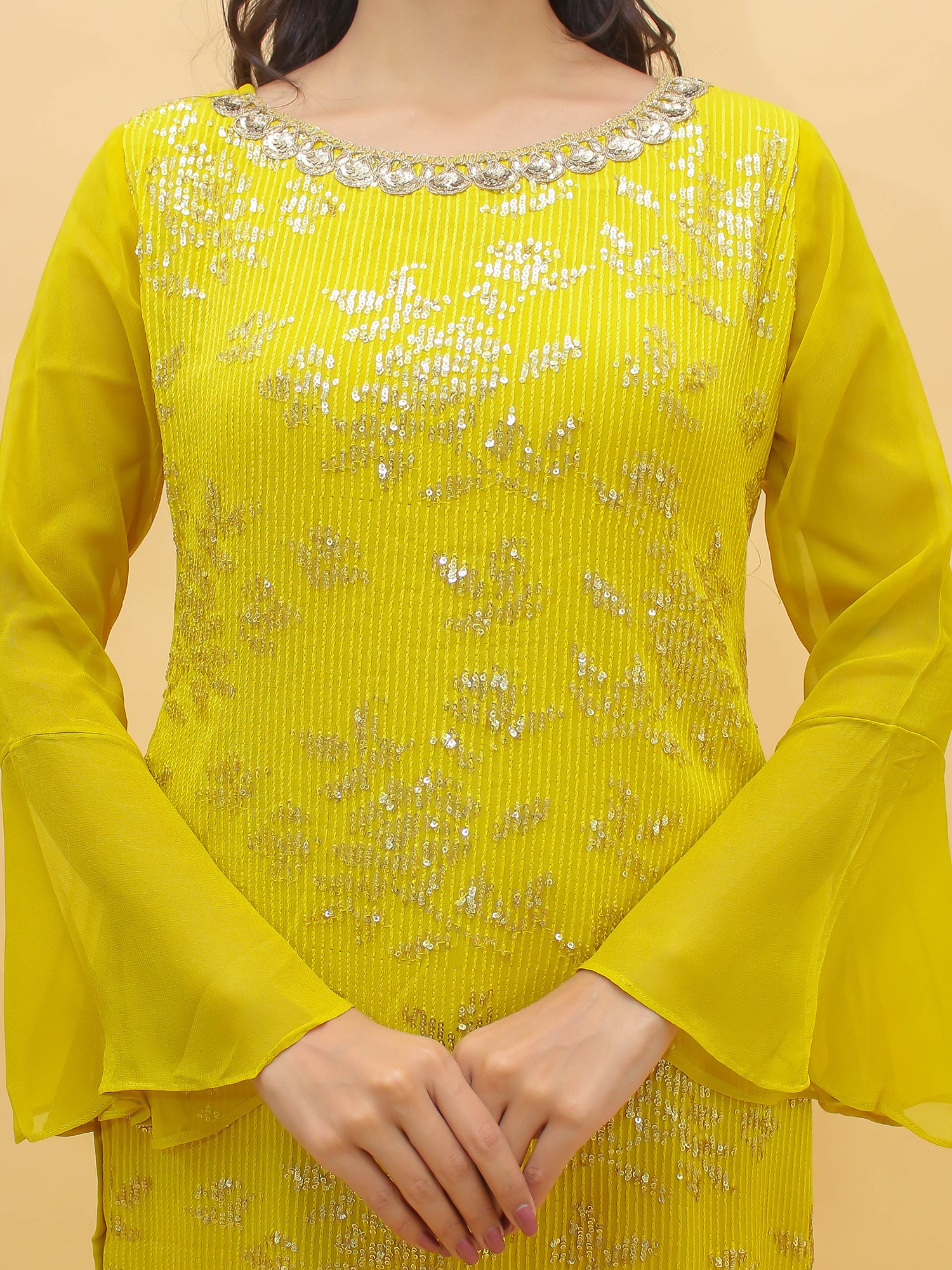 Sun-Yellow Chinon Sharara Set With All Over Golden Thread Embroidery ...