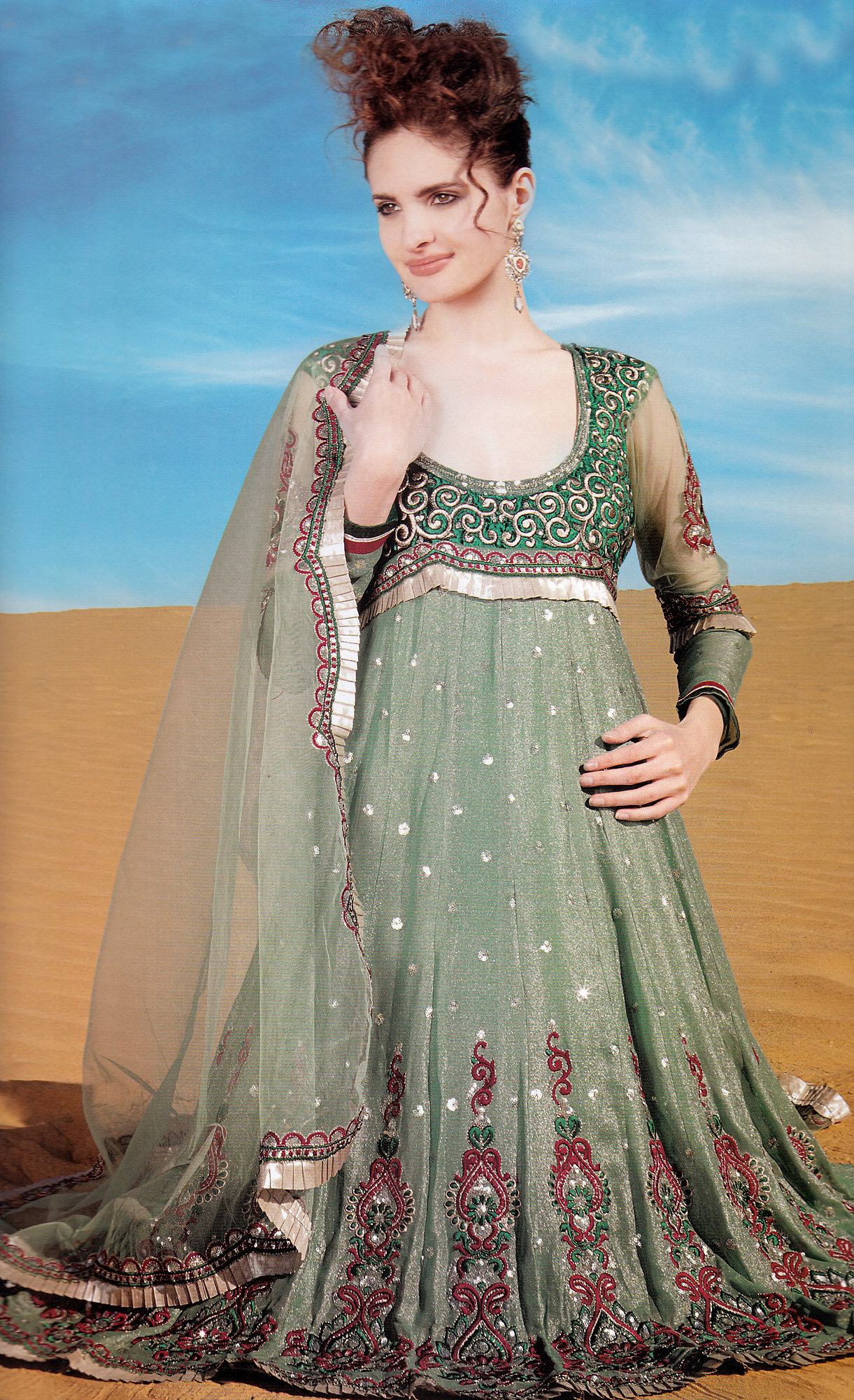 Tea-Green Wedding Anarkali Shimmering Suit with Patch, Thread-work and ...