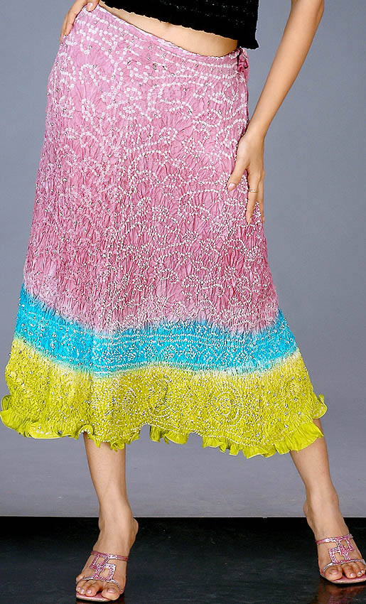 TriColor Bandhani Skirt with Mokaish Work Exotic India Art