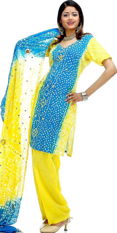 Turquoise and Yellow Bandhani Parallel Salwar Suit | Exotic India Art