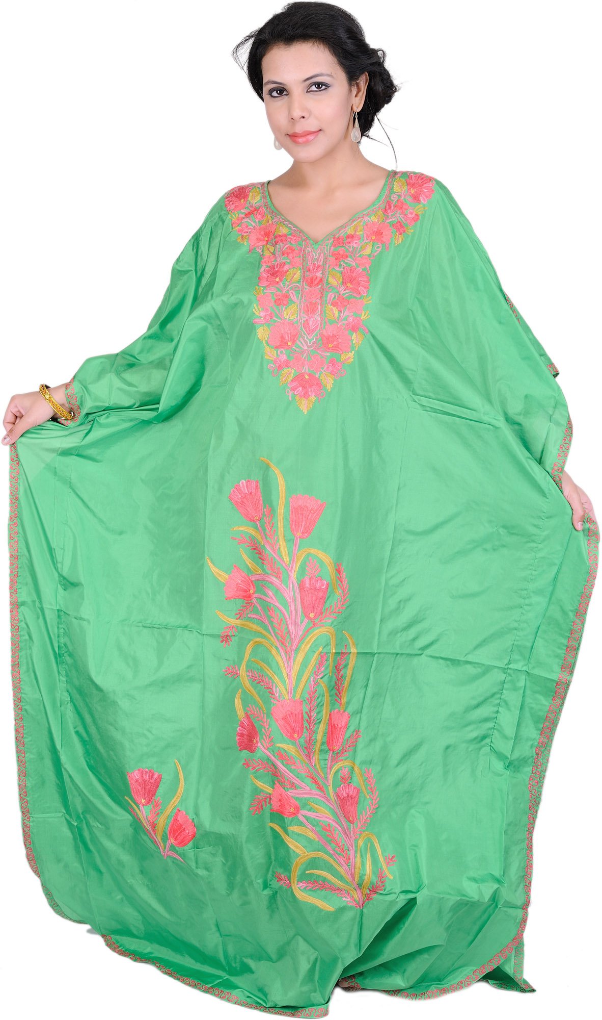 Vibrant-Green Kashmiri Kaftan with Aari Embroidered Flowers | Exotic ...