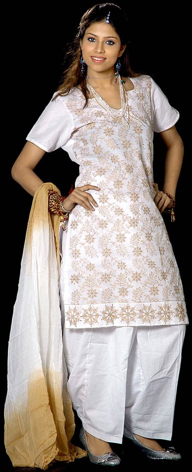 White Salwar Suit Fabric with Floral Embroidery in Brown Thread and