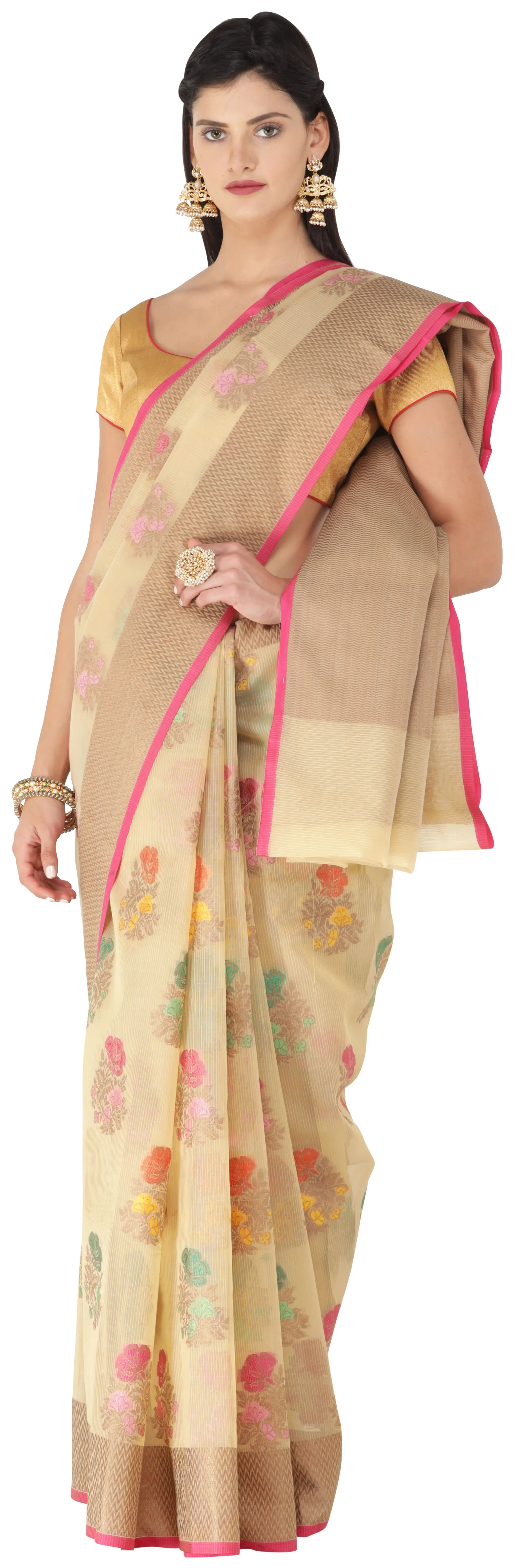 Banarasi Kora Silk Saree with Multi-coloured Woven Flowers All-over