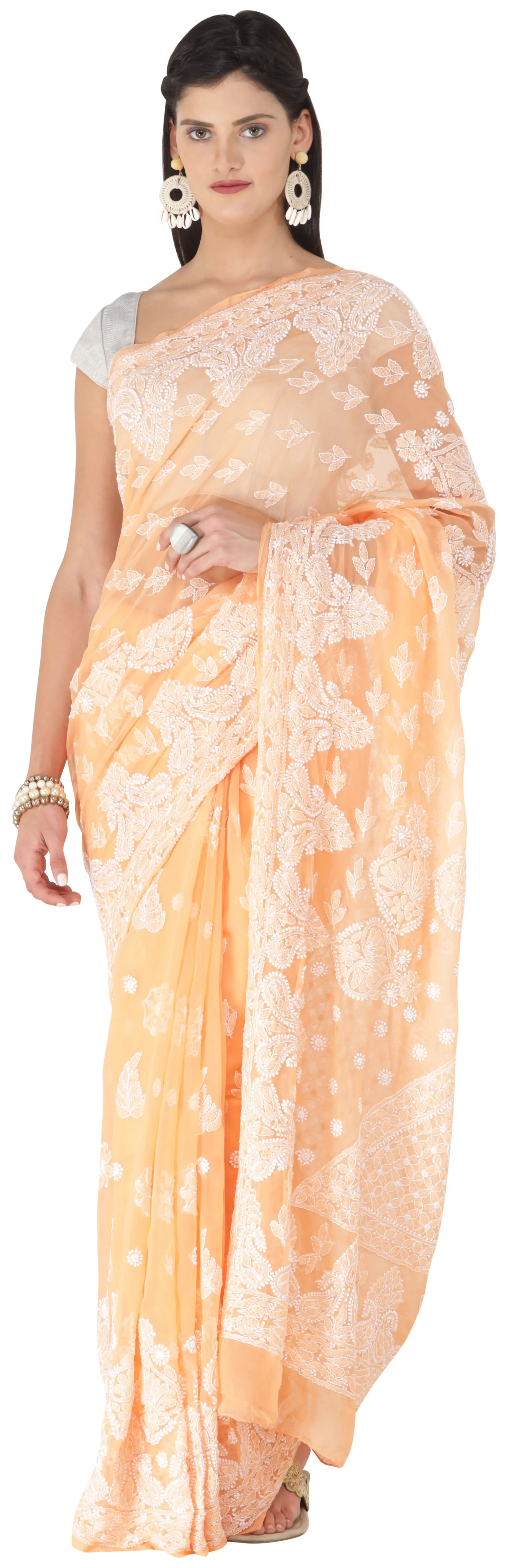 Salmon-Buff Lukhnavi Chikan Sari with Floral Hand-Embroidery All-over