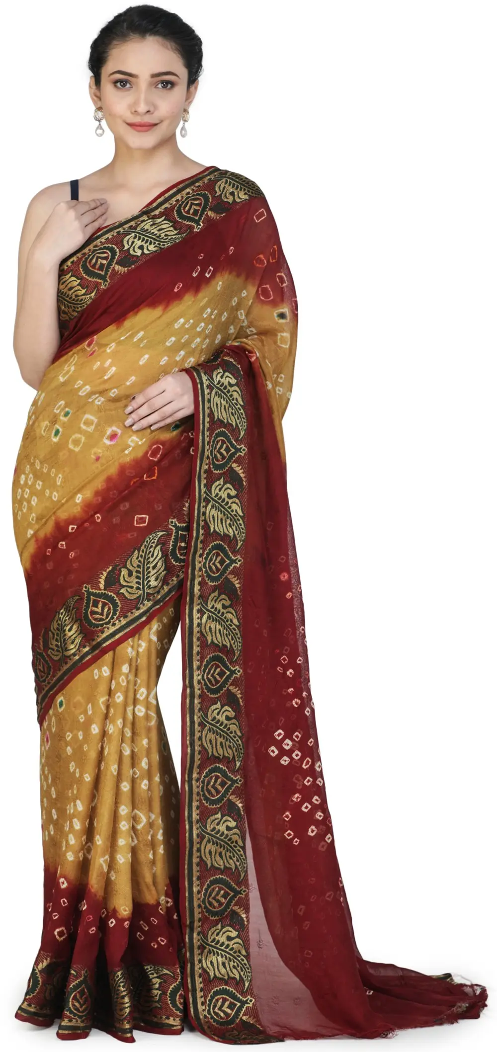 Wood Thrush Bandhani Saree from Rajasthan with Zari Weave on Border