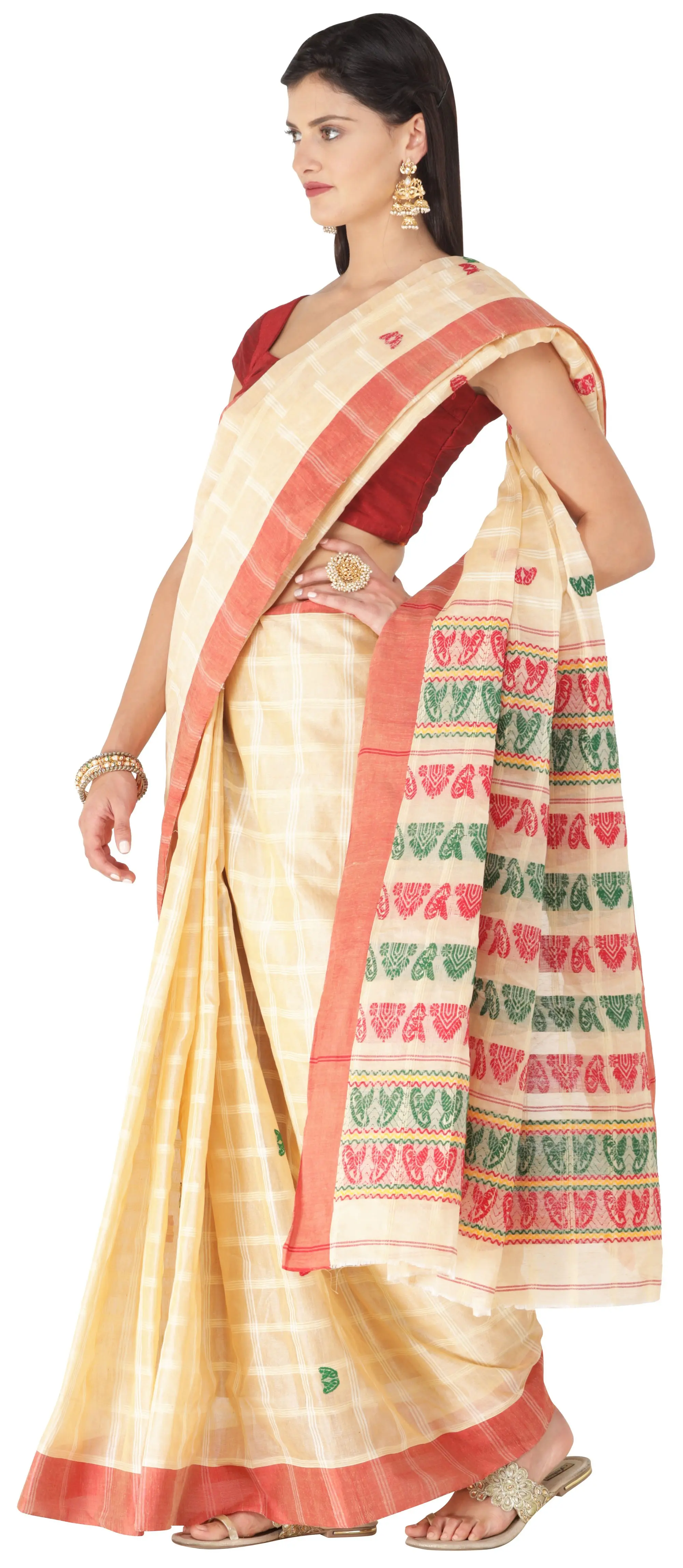 Hazelnut Sari from Assam with Woven Motifs on Anchal