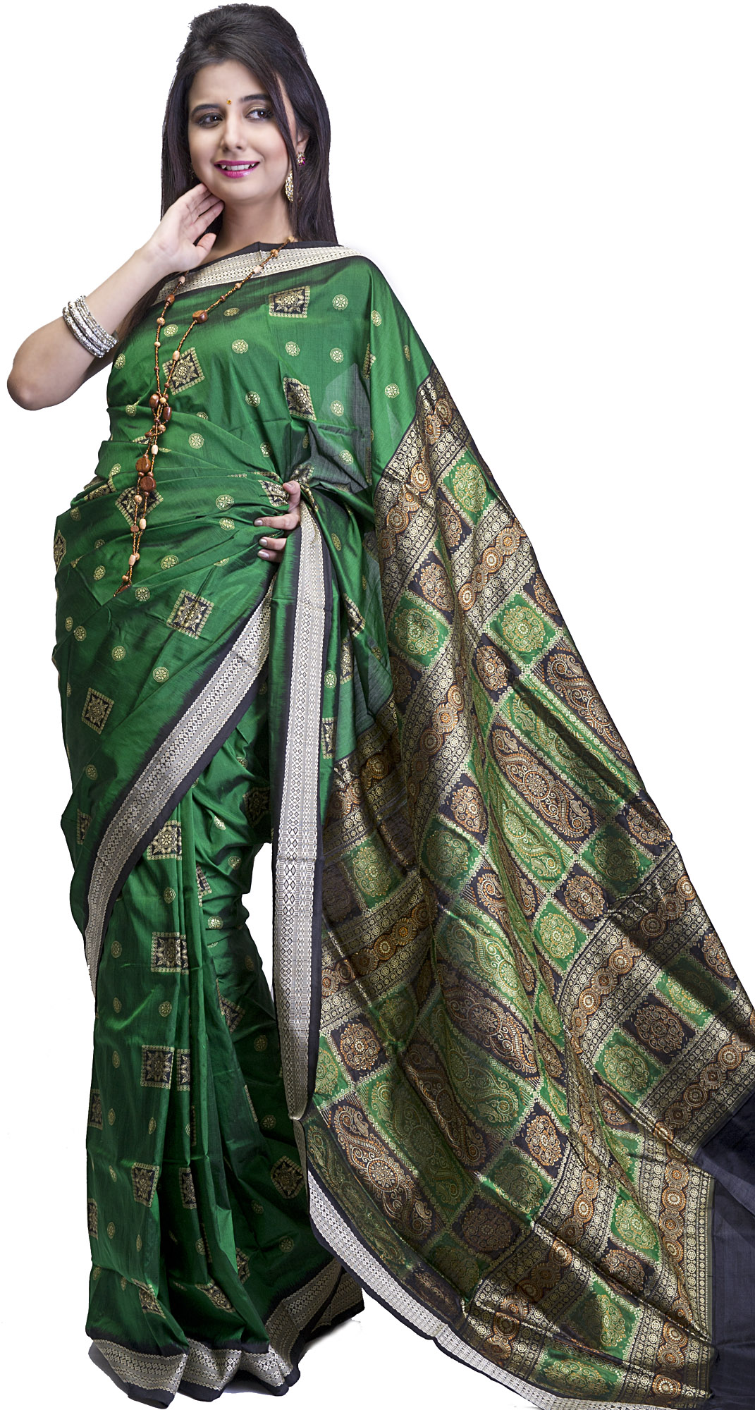 Amazon-Green Bomkai Sari with Woven Bootis and Box Pallu | Exotic India Art