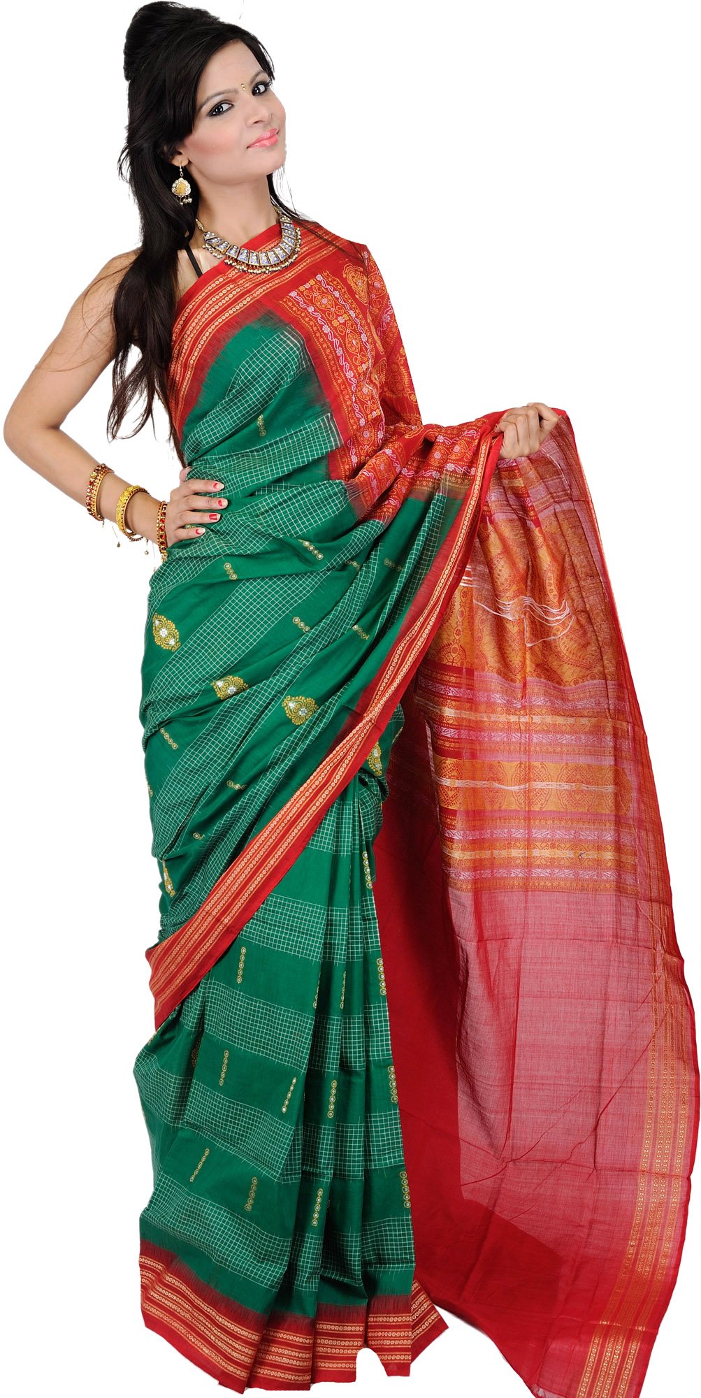 FoliageGreen Bomkai Sari from Orissa with Rudraksha Border Exotic